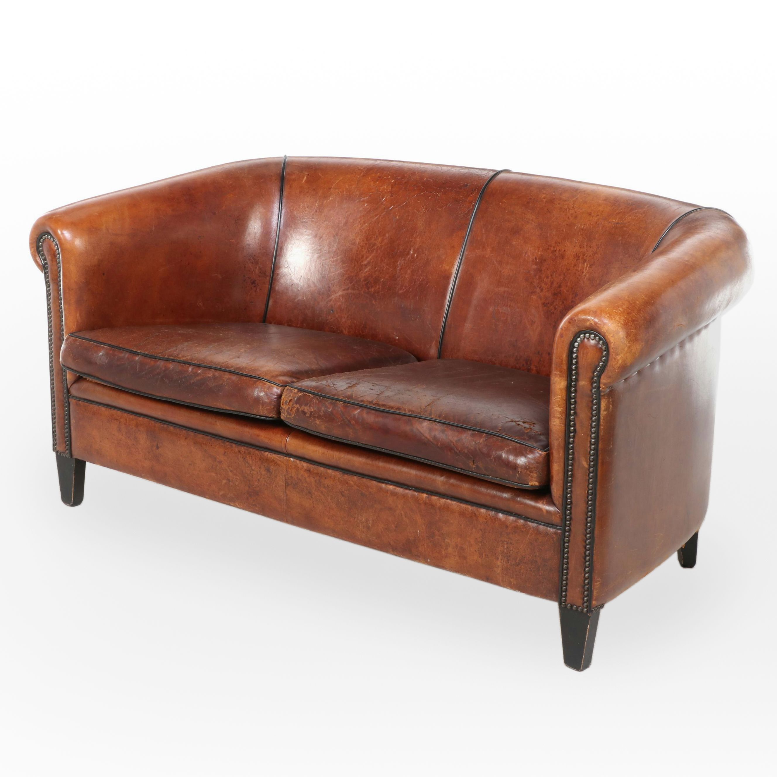 Dutch Art Deco Style Leather Love Seat, Late 20th Century