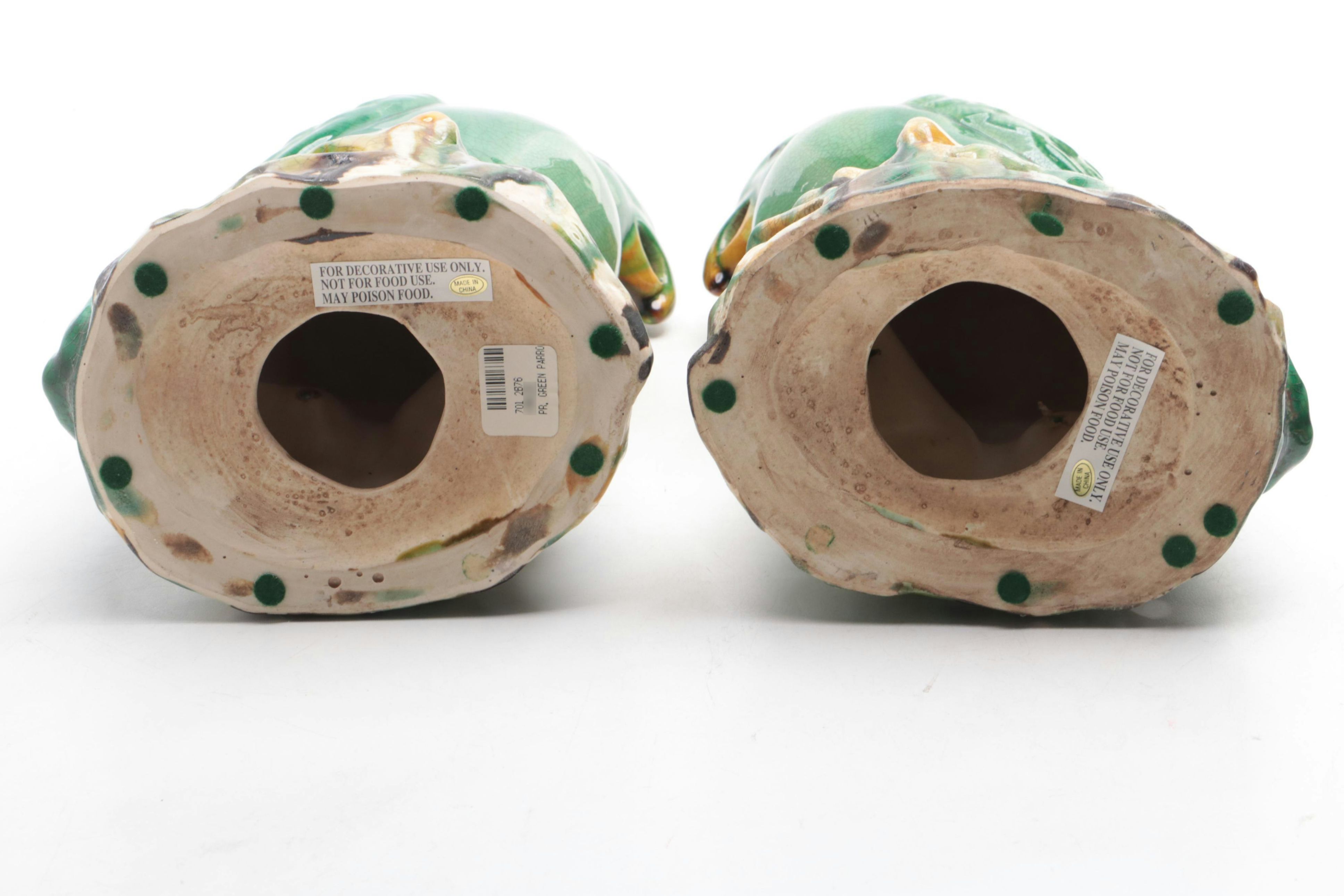 Pair of Chinese Majolica Green Parrot Figurines