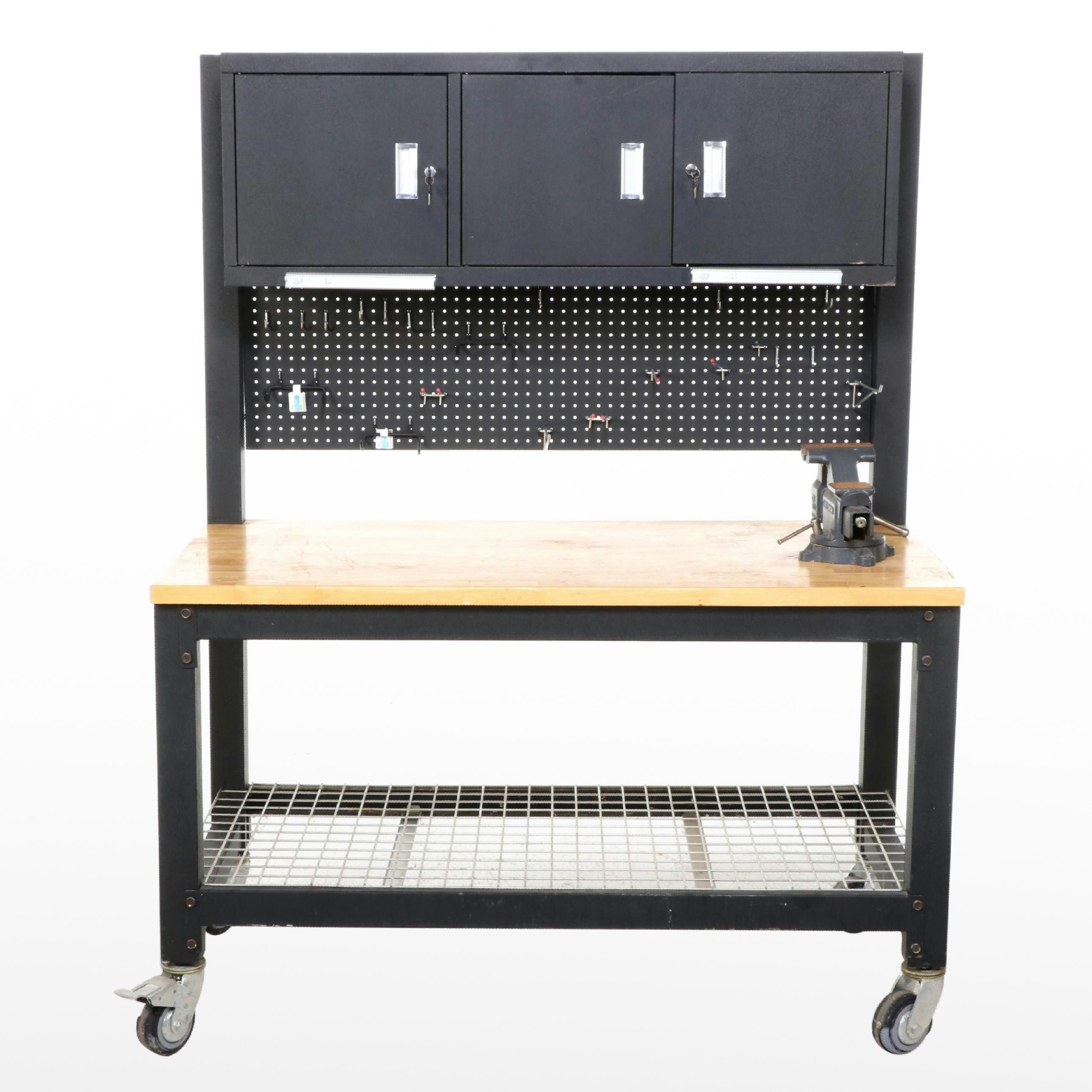 Work Bench on Casters with Vice, Peg Board and Lockable Overhead Storage