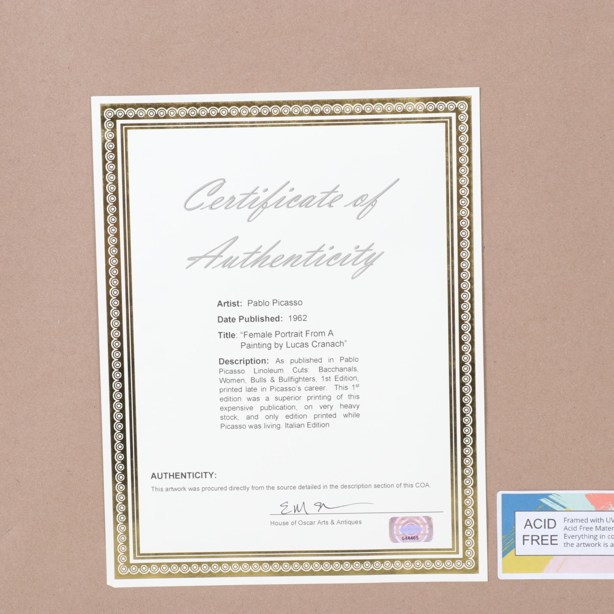 Pablo Picasso Linocut Portrait of a Young Woman, 1962