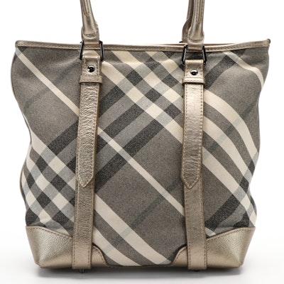 Burberry Gold Shimmer Check Canvas and Leather Tote Bag