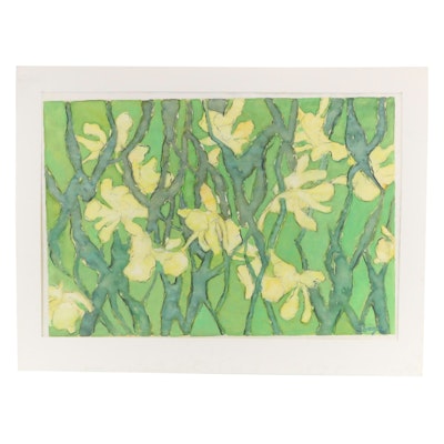 Walter Sorge Modern Stylized Floral Watercolor Painting, Mid–Late 20th Century