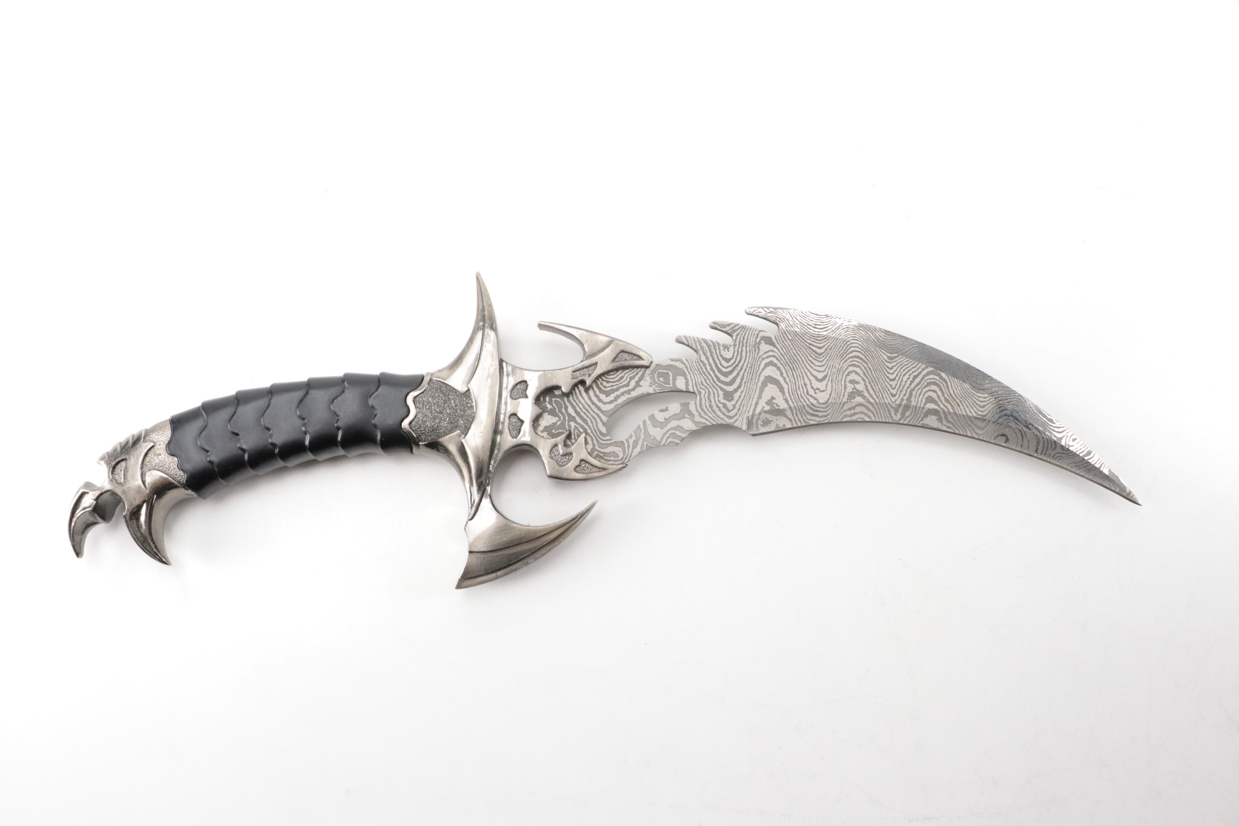 Faux Damascus Steel Curved Fixed Blade Knife