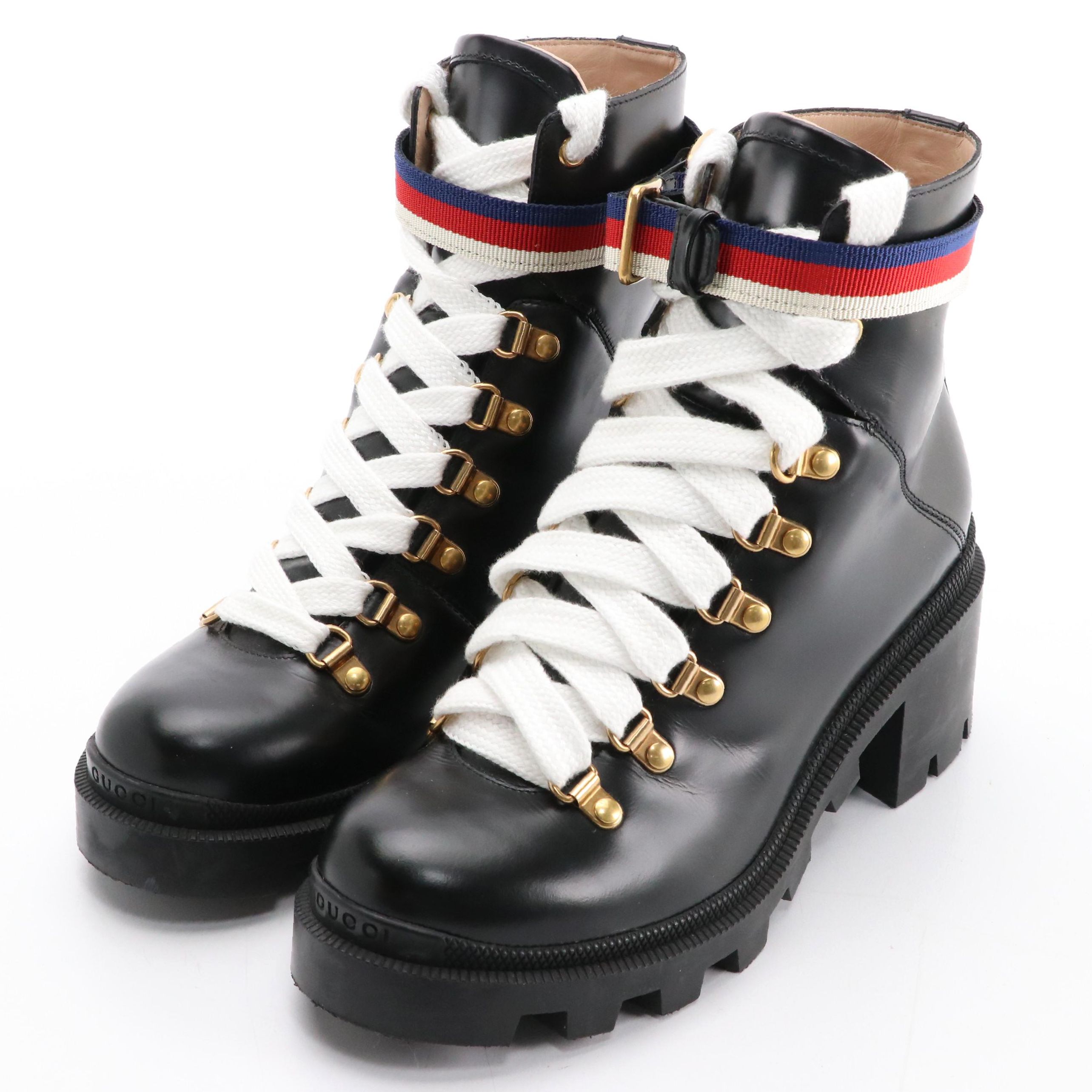 Gucci Combat Ankle Boots in Black Patent Leather with Sylvie Web Accent Everything But The House