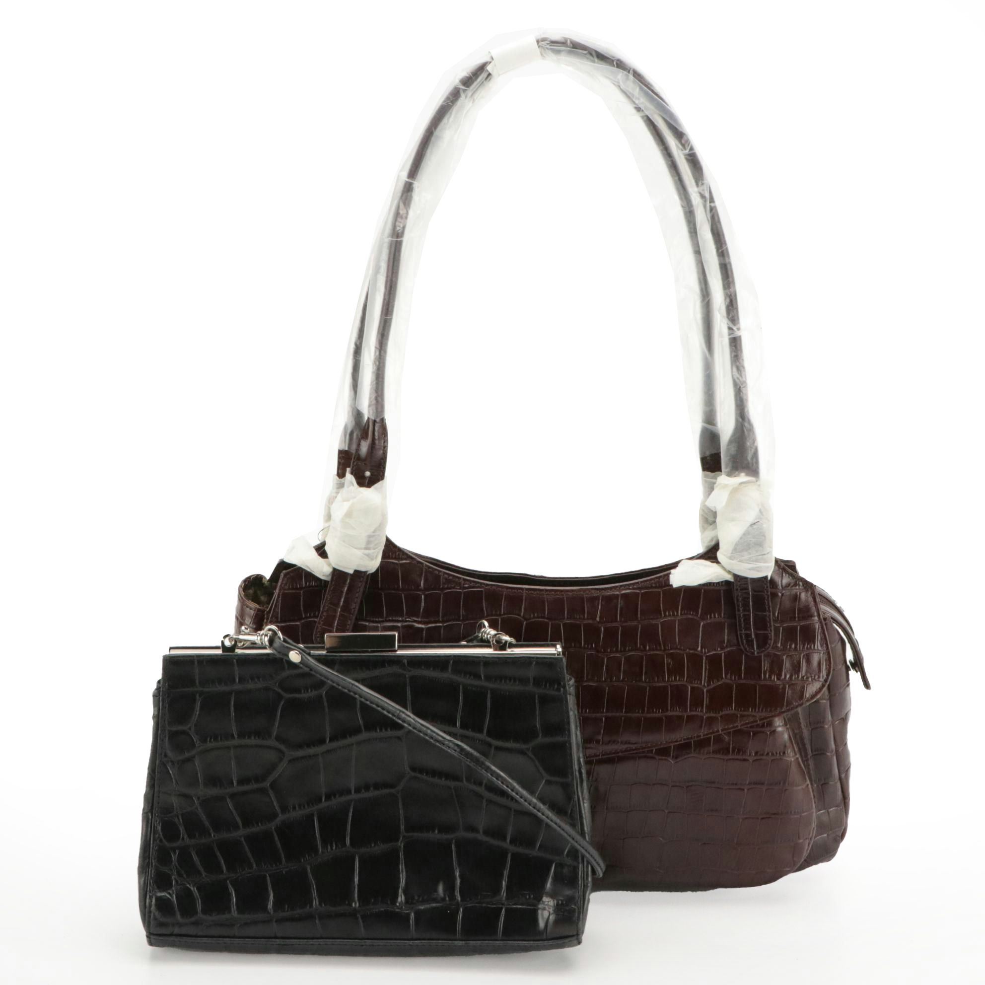Maxx New York Brown Croc Embossed Leather Shoulder Bag, Aigner Black Croc Clutch
