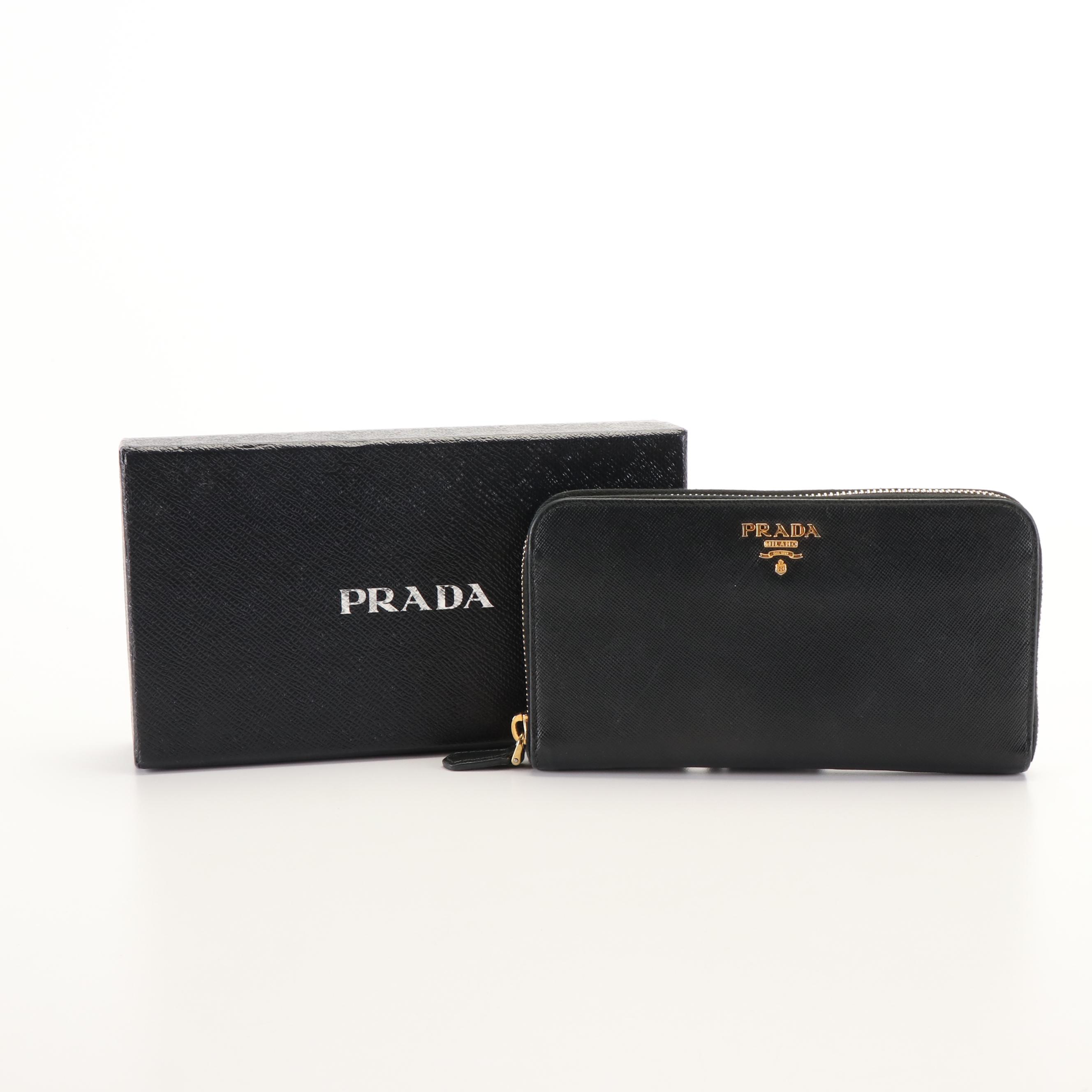 Prada Black Saffiano Leather Zip Around Wallet