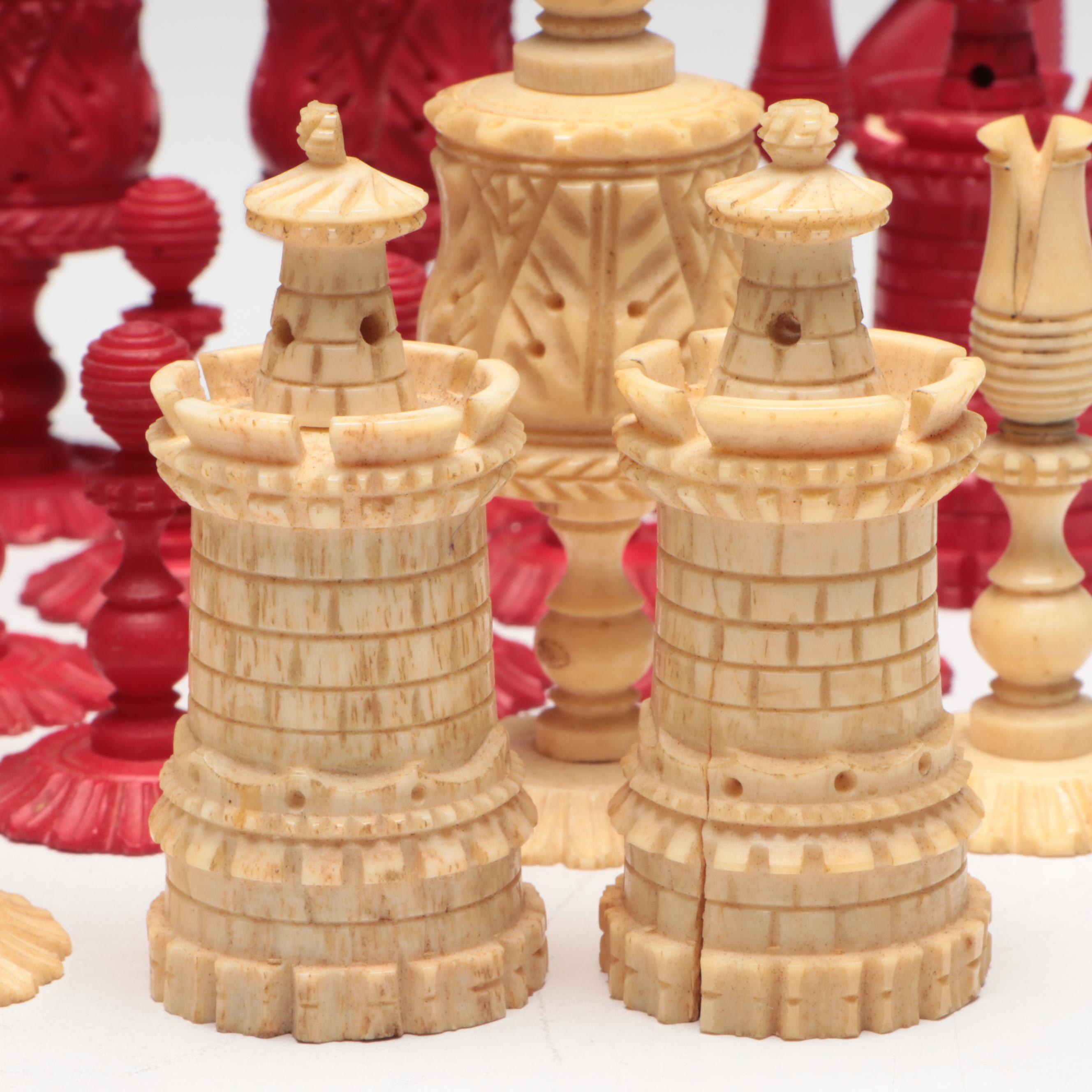Vintage Chinese Carved Bone Chess Set