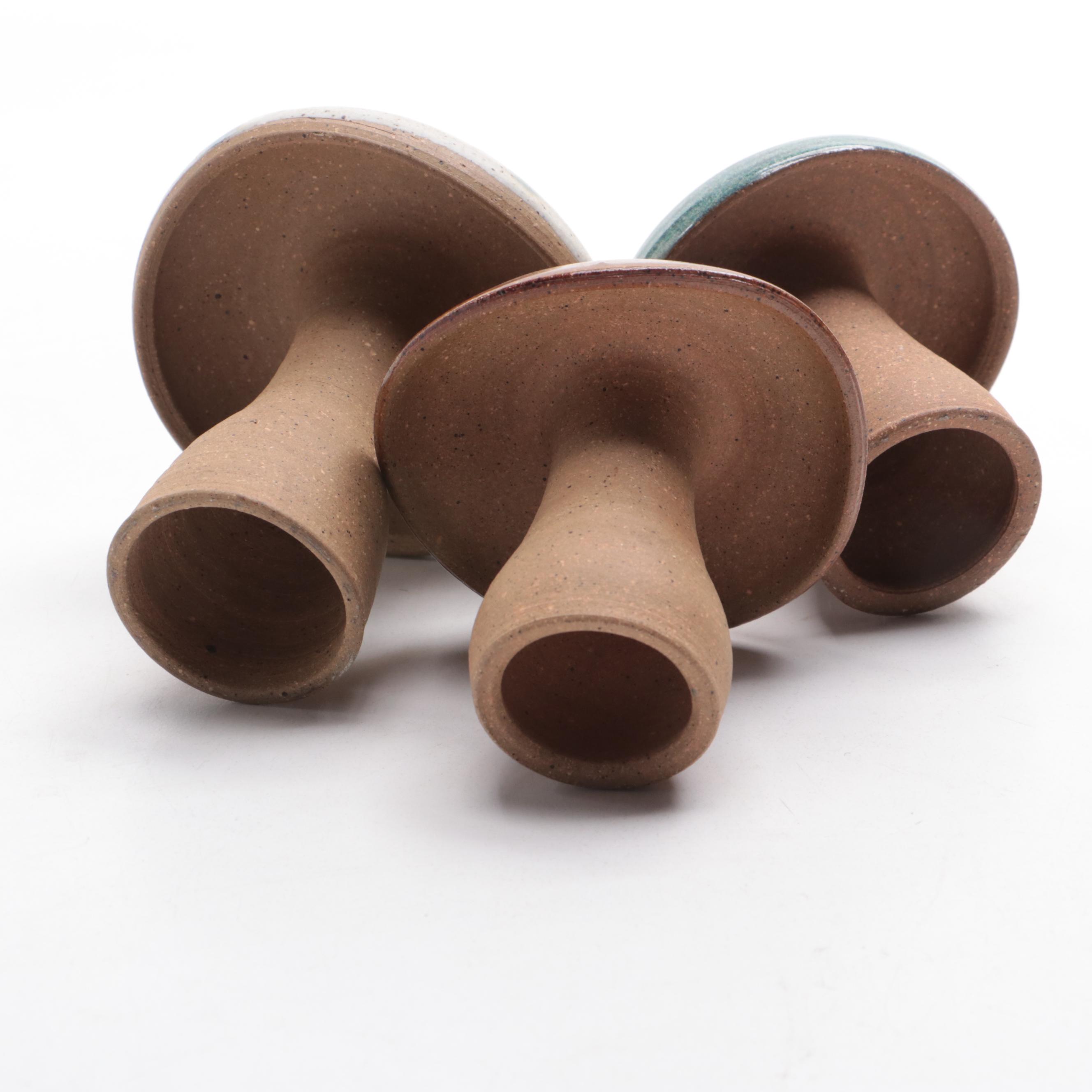 Romanian Hourglass Shape Ceramic Vase with Wheel Thrown Mushroom Figurines