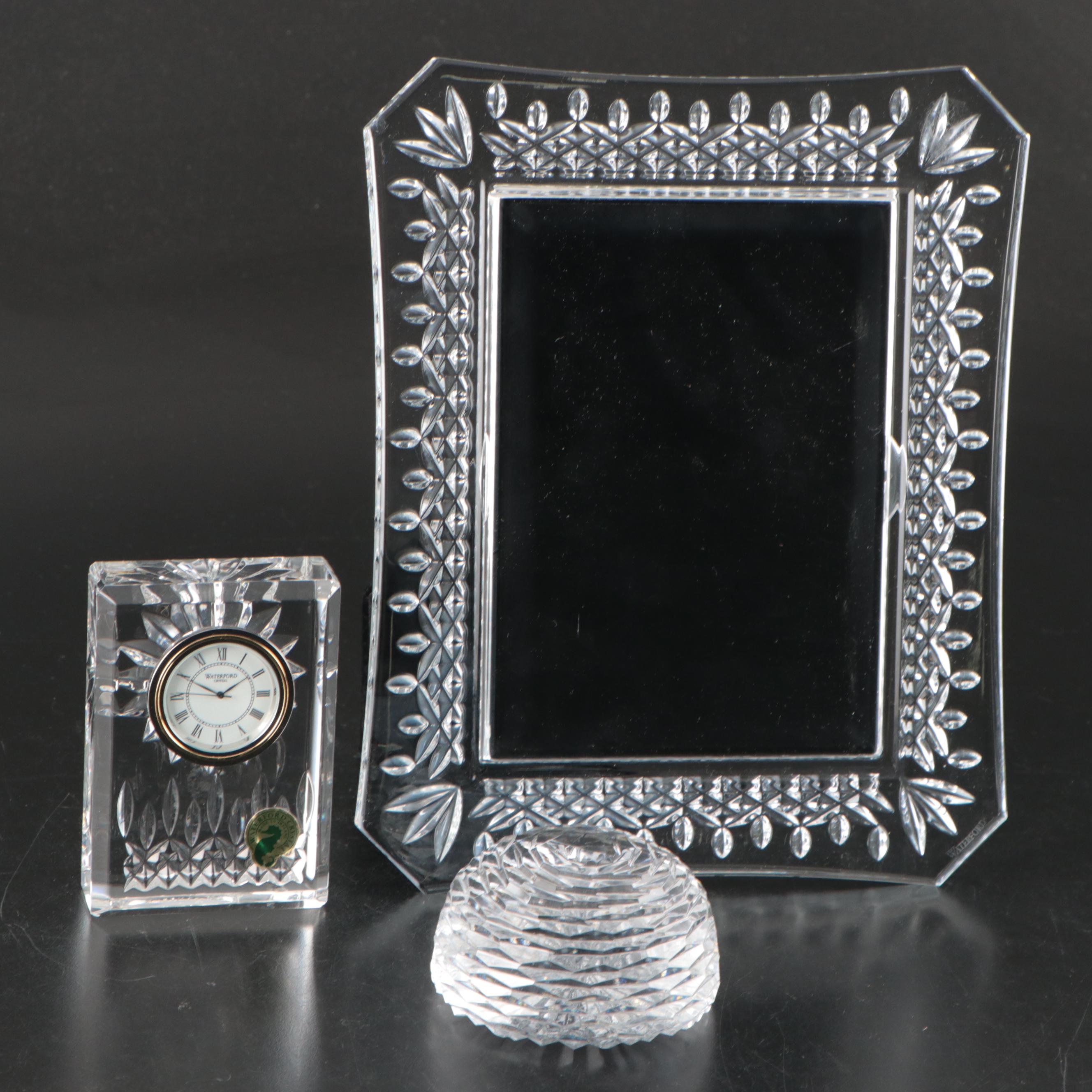 Waterford "Lismore" Crystal Clock and Frame with Other Crystal Paperweight