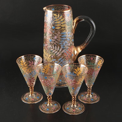 Moser Style Enameled Glass Cocktail Pitcher and Wine Glasses, Mid-20th Century