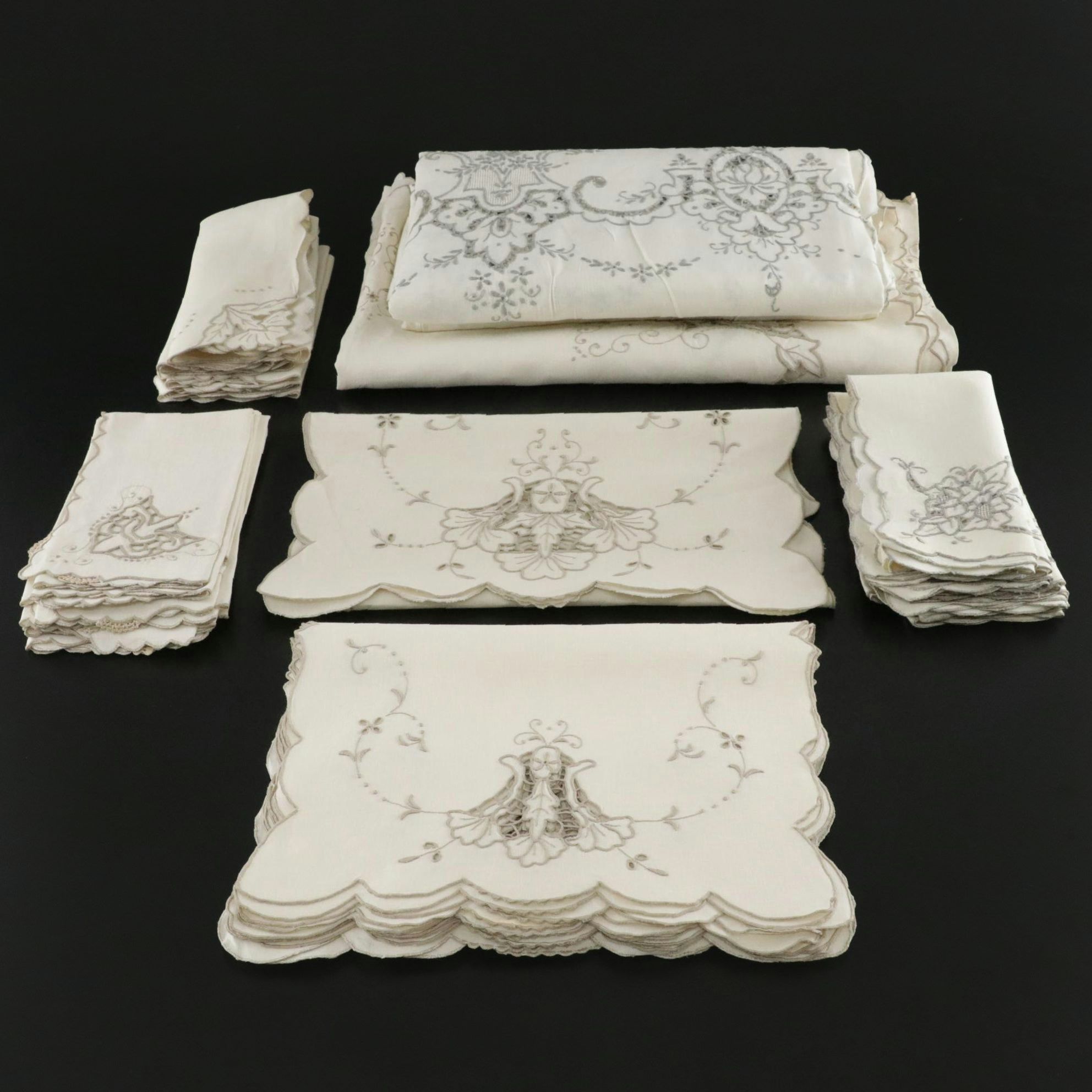 Openwork Machine Embroidered Table Linens In Tan and Sage