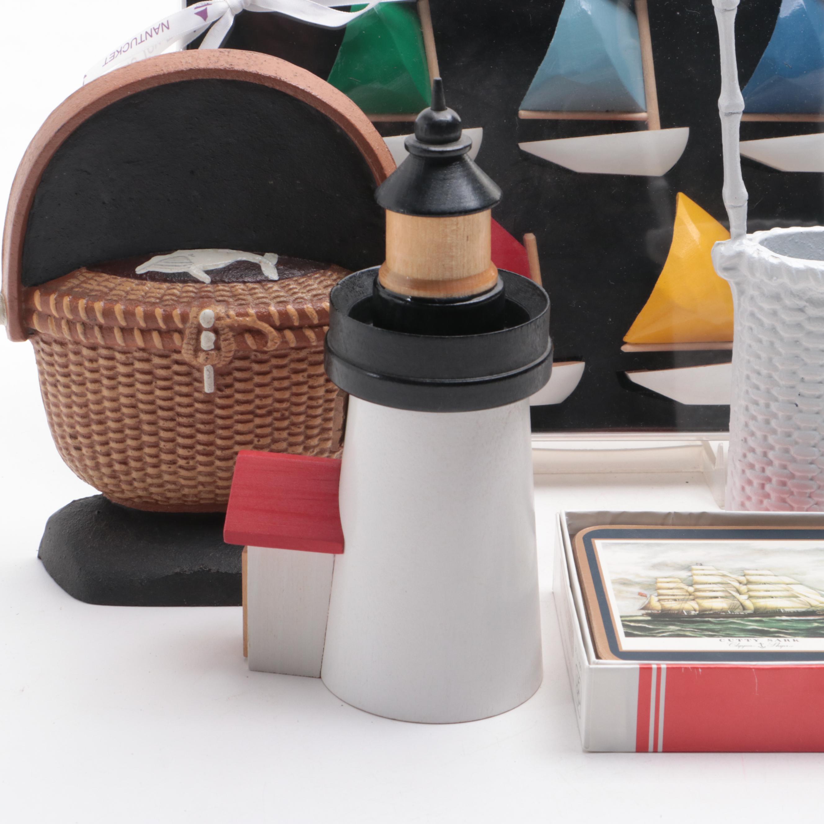 Nantucket Basket-Themed Décor Including Doorstop, Basket, Picture Frame, More