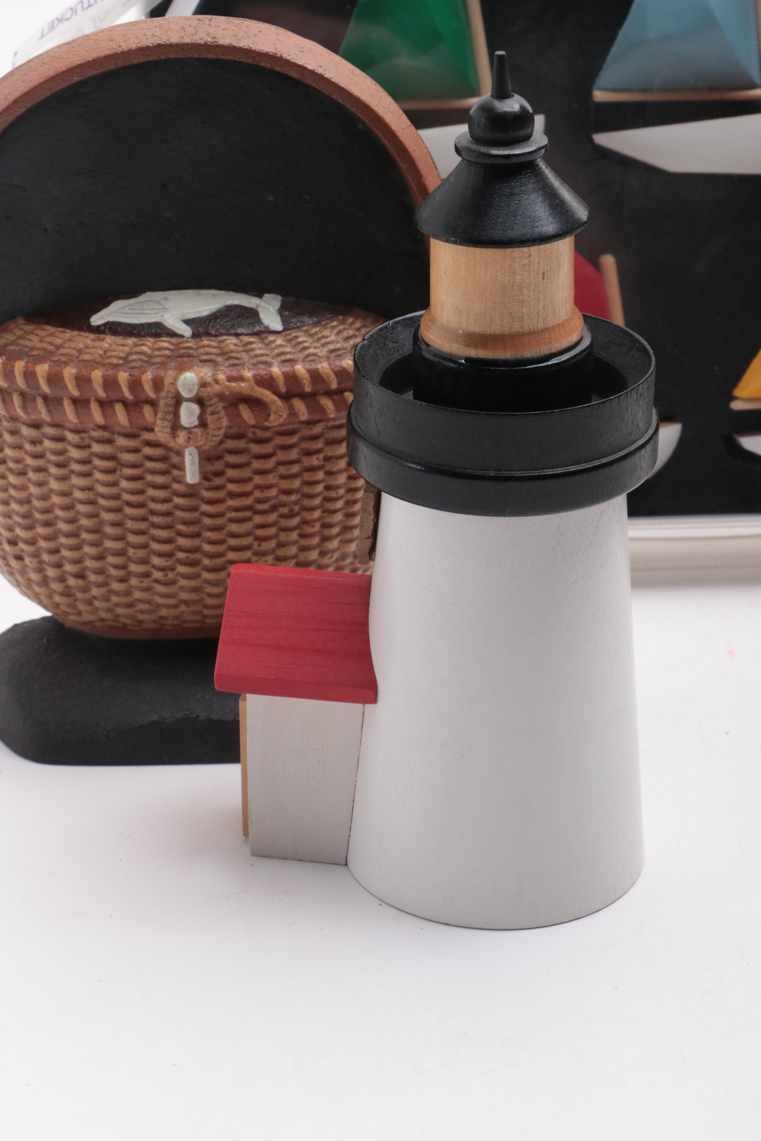 Nantucket Basket-Themed Décor Including Doorstop, Basket, Picture Frame, More