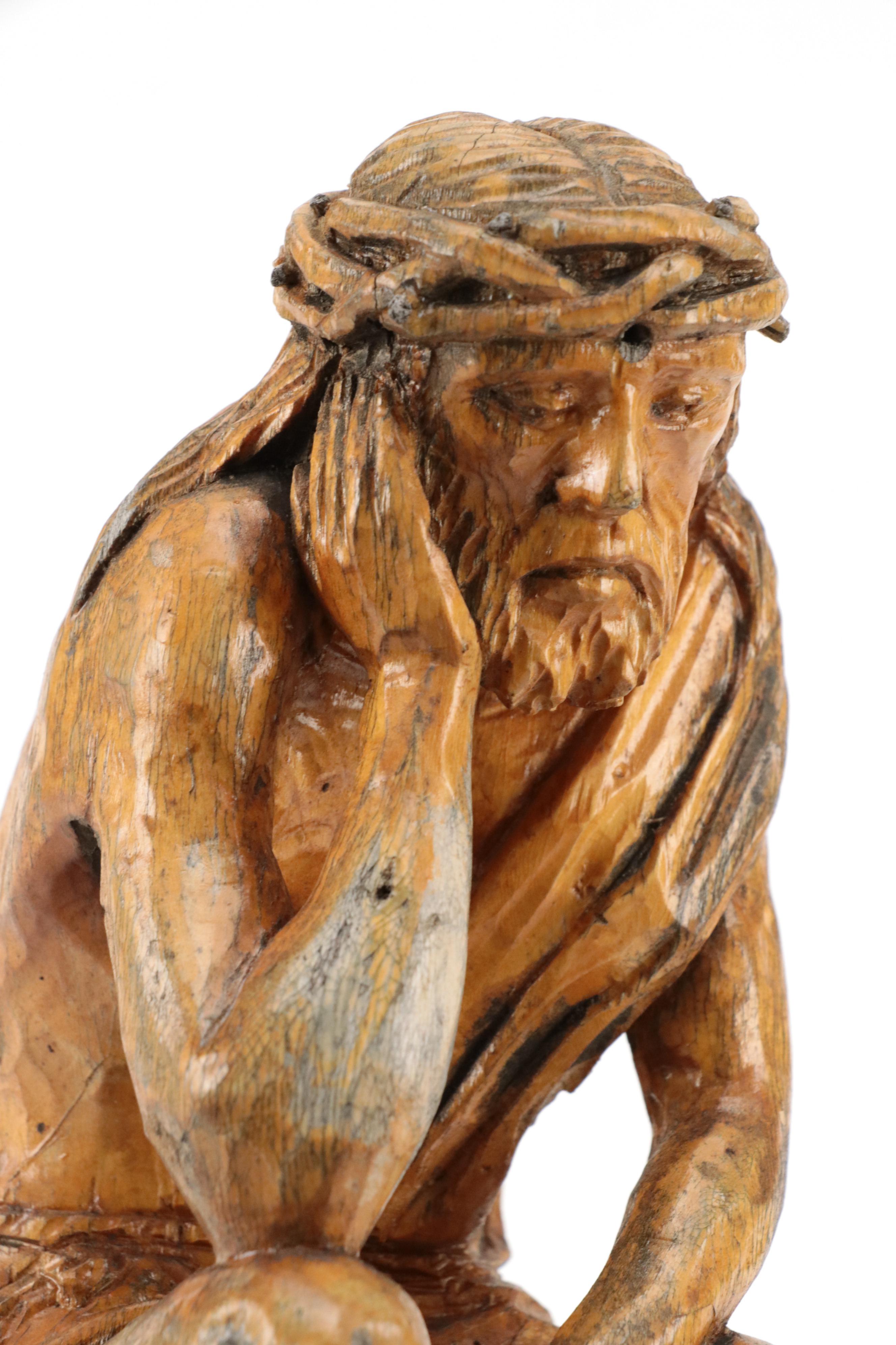 Eastern European Hand-Carved Wooden Pensive Christ Sculpture