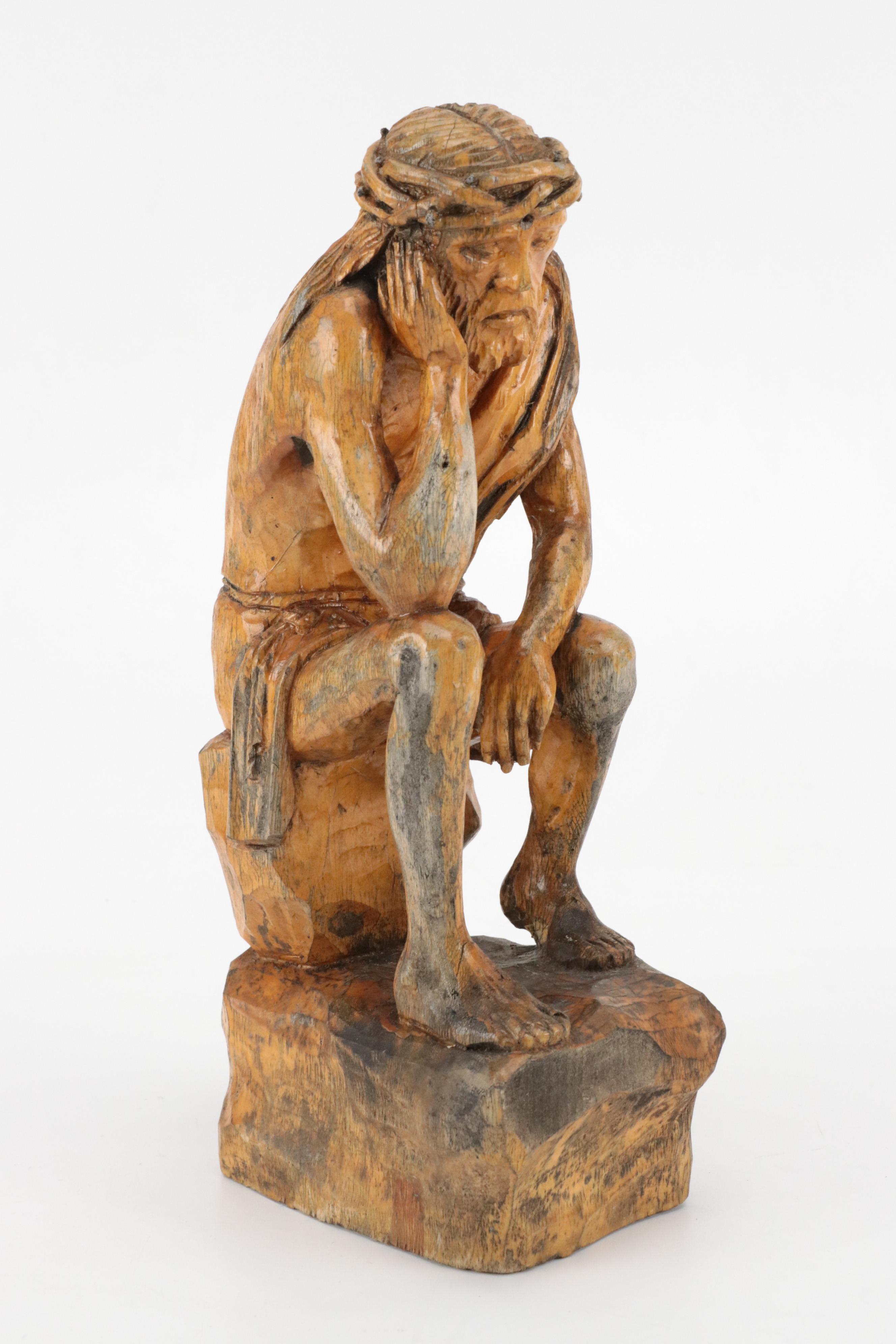 Eastern European Hand-Carved Wooden Pensive Christ Sculpture