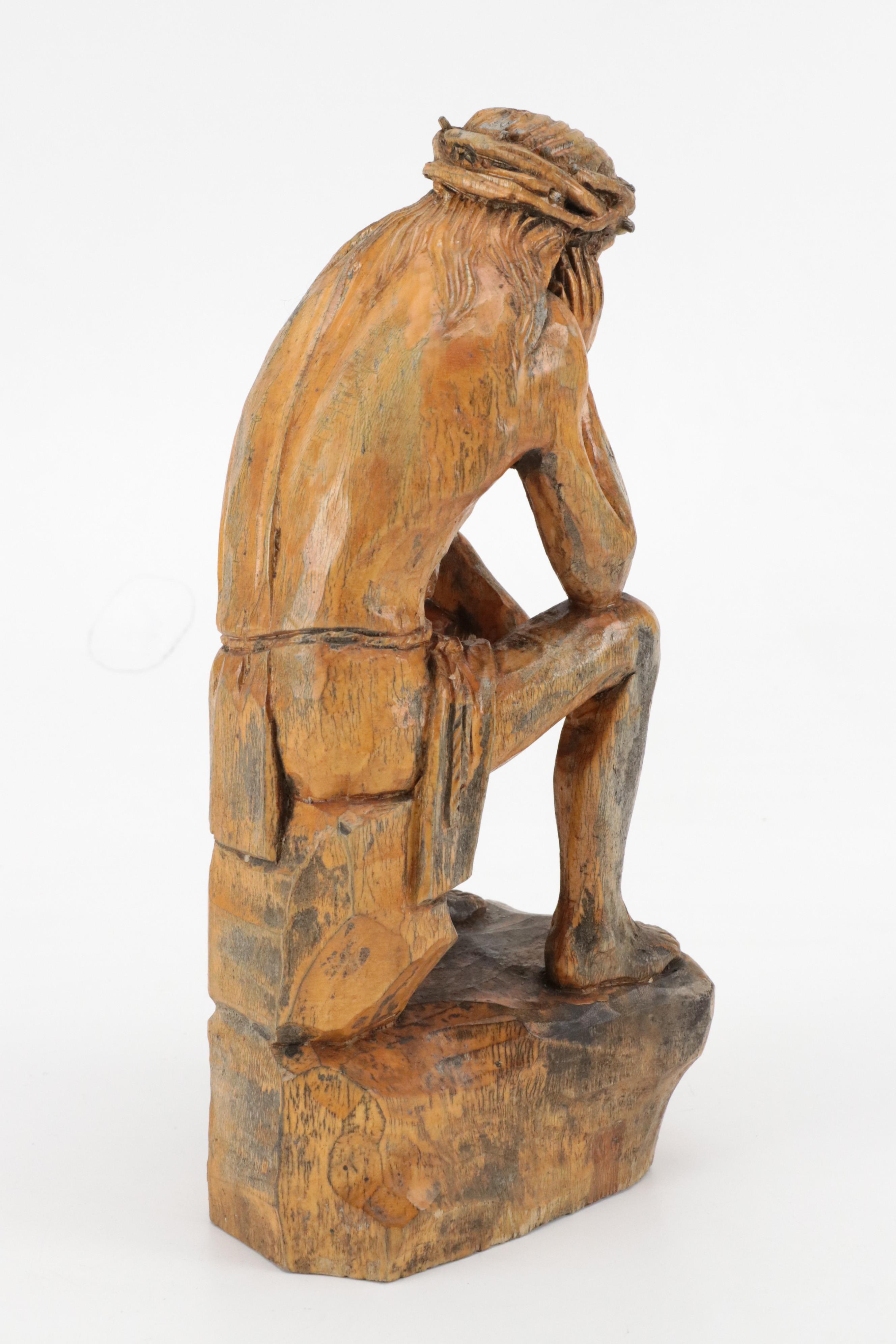 Eastern European Hand-Carved Wooden Pensive Christ Sculpture