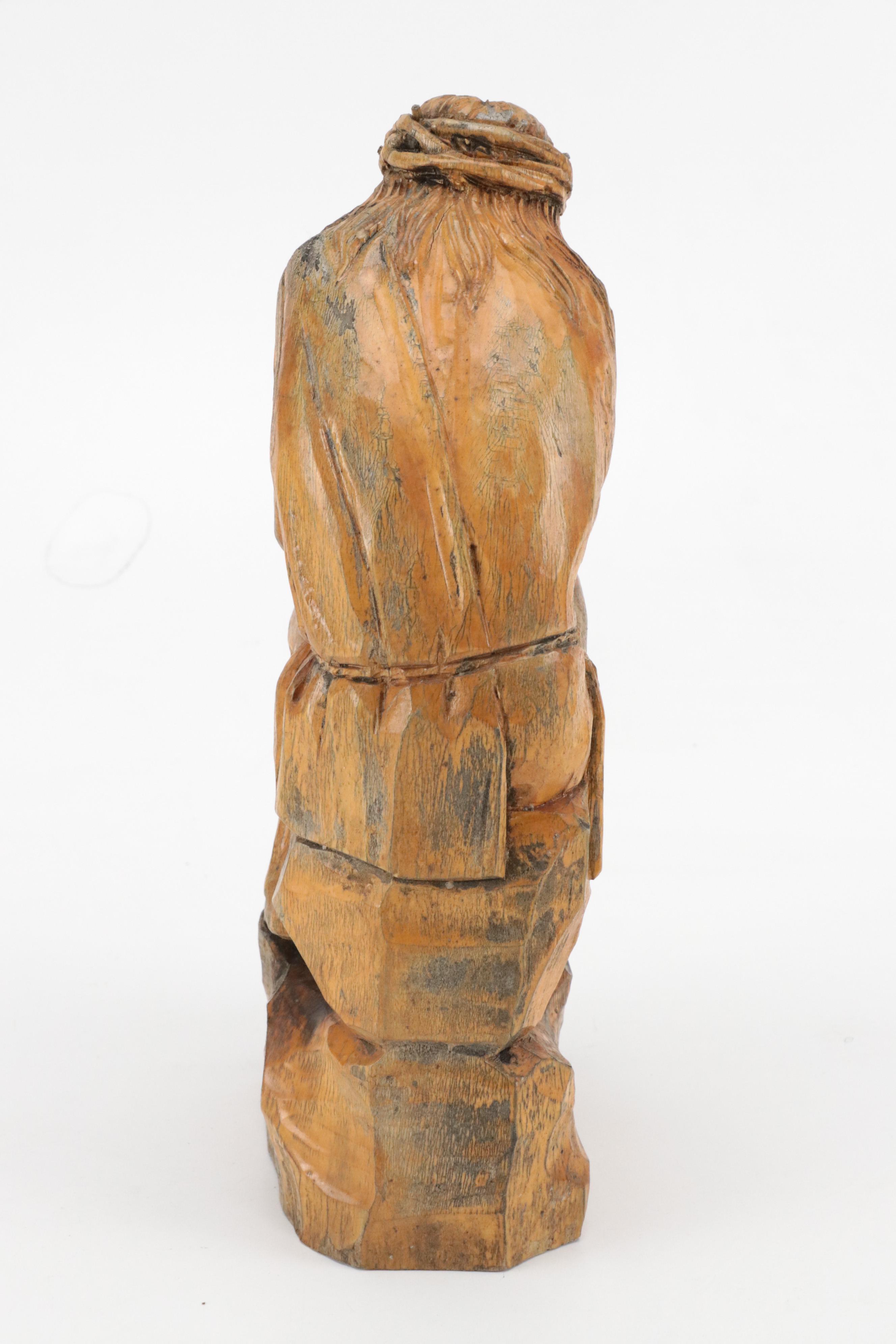 Eastern European Hand-Carved Wooden Pensive Christ Sculpture