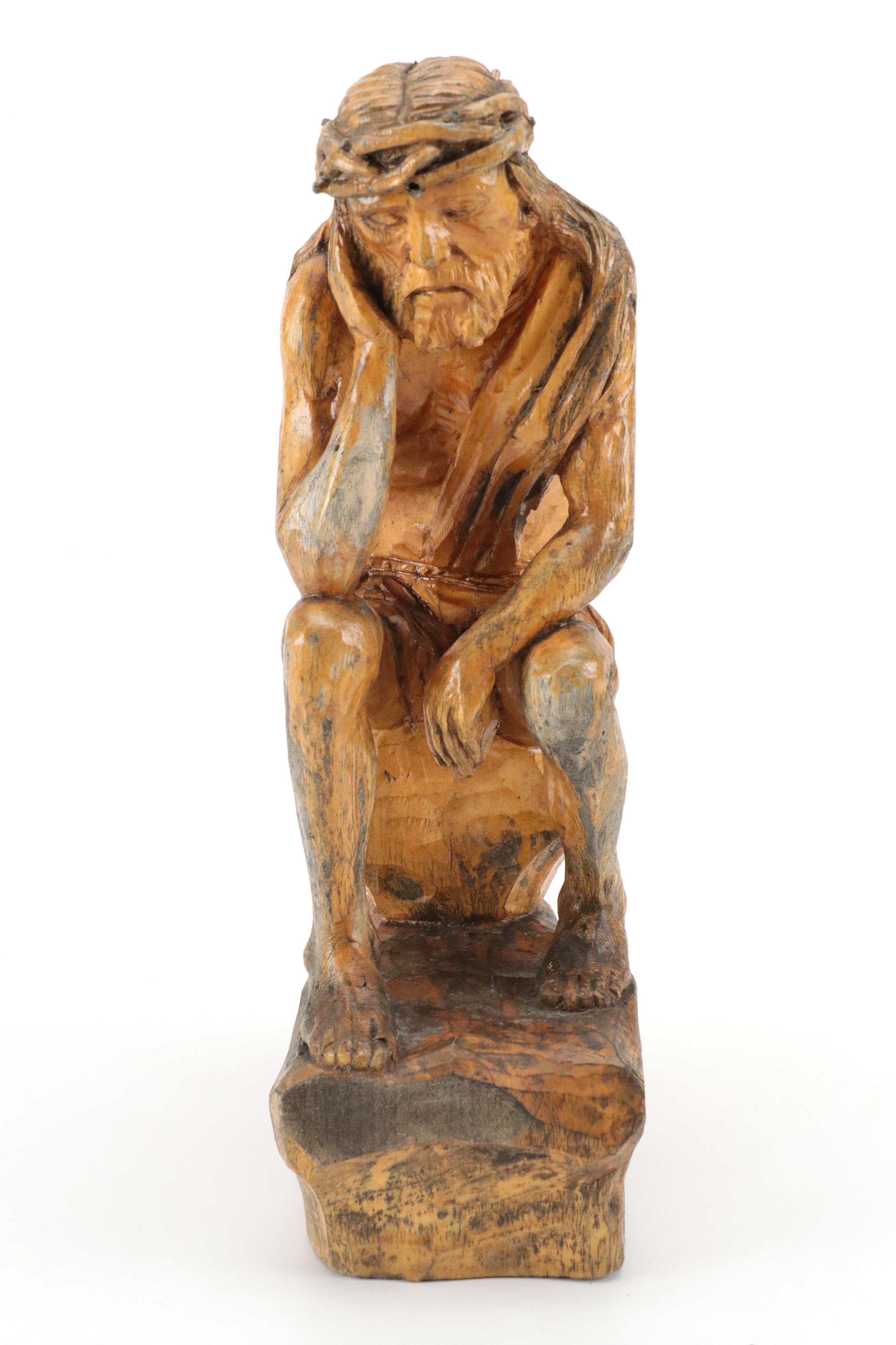 Eastern European Hand-Carved Wooden Pensive Christ Sculpture