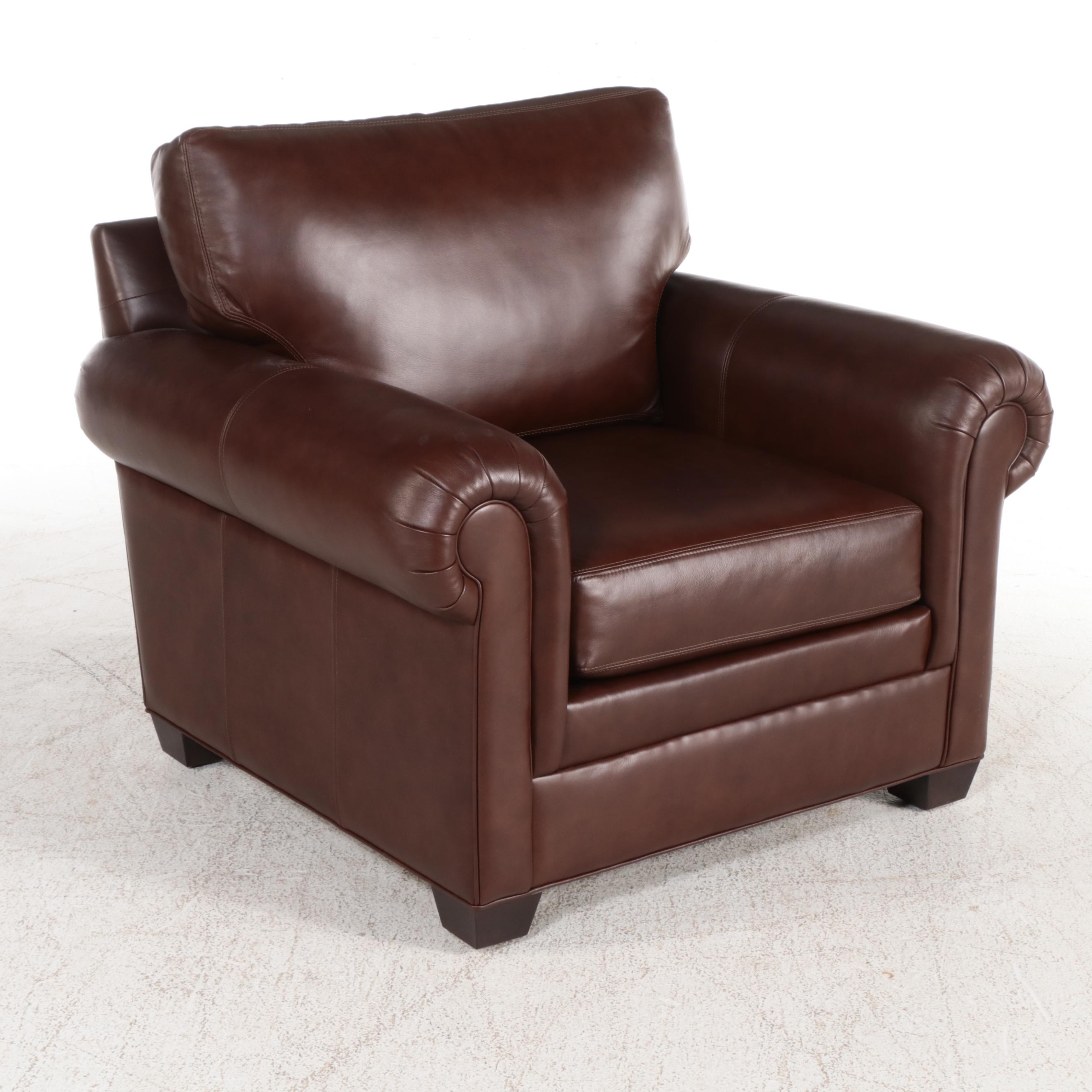 Ethan Allen "Conor" Brown Leather Roll-Arm Easy Chair and Ottoman