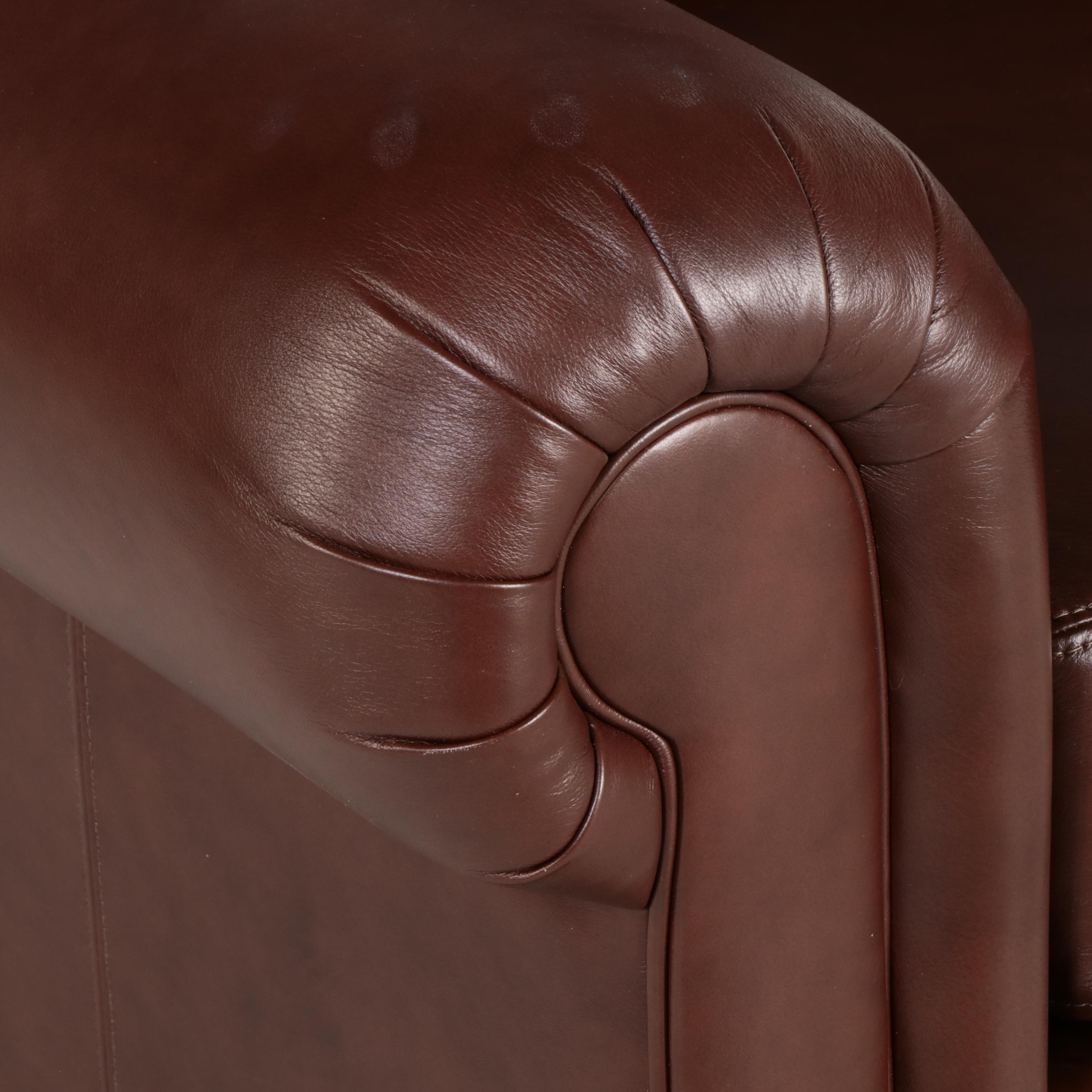 Ethan Allen "Conor" Brown Leather Roll-Arm Easy Chair and Ottoman