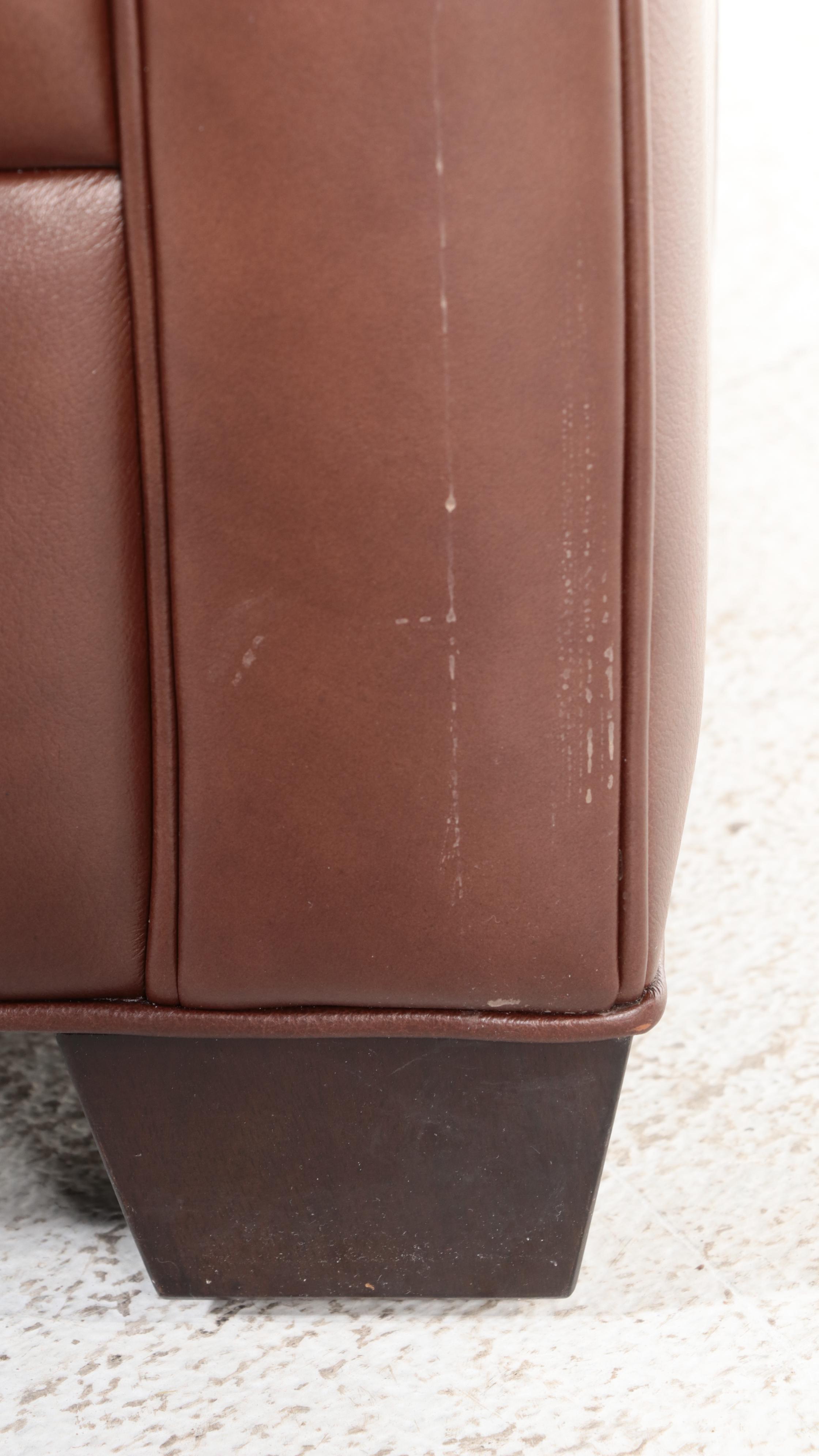 Ethan Allen "Conor" Brown Leather Roll-Arm Easy Chair and Ottoman