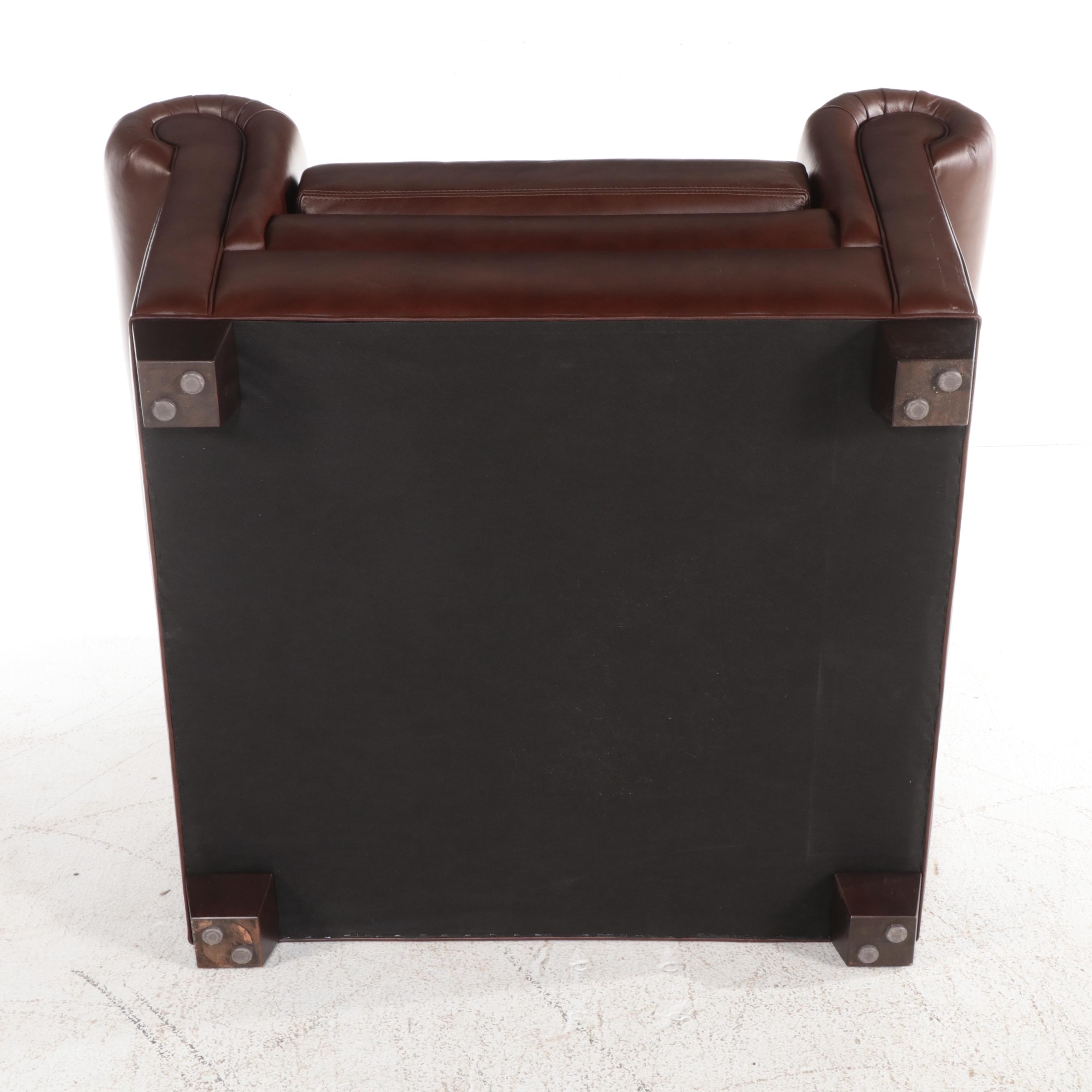 Ethan Allen "Conor" Brown Leather Roll-Arm Easy Chair and Ottoman