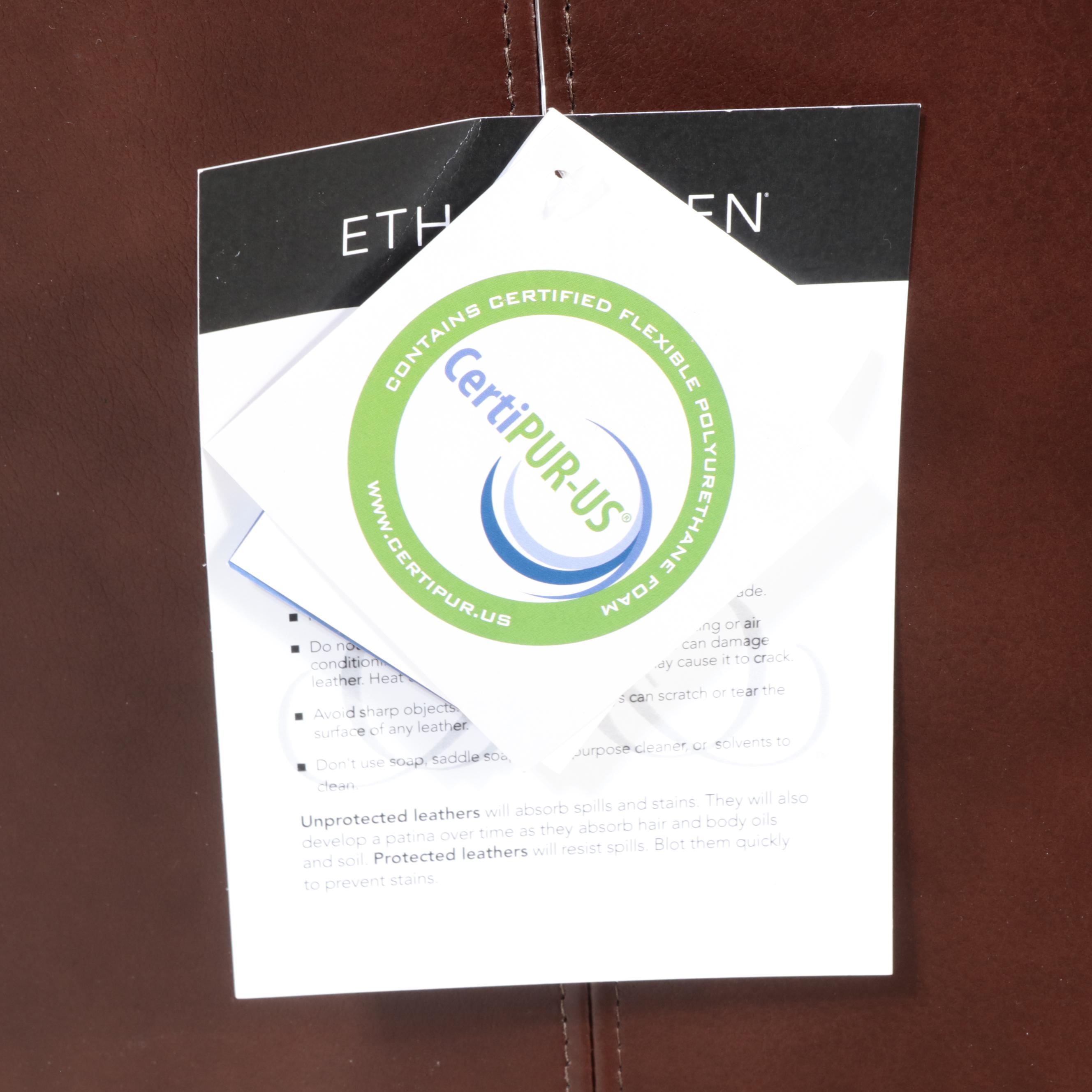 Ethan Allen "Conor" Brown Leather Roll-Arm Easy Chair and Ottoman