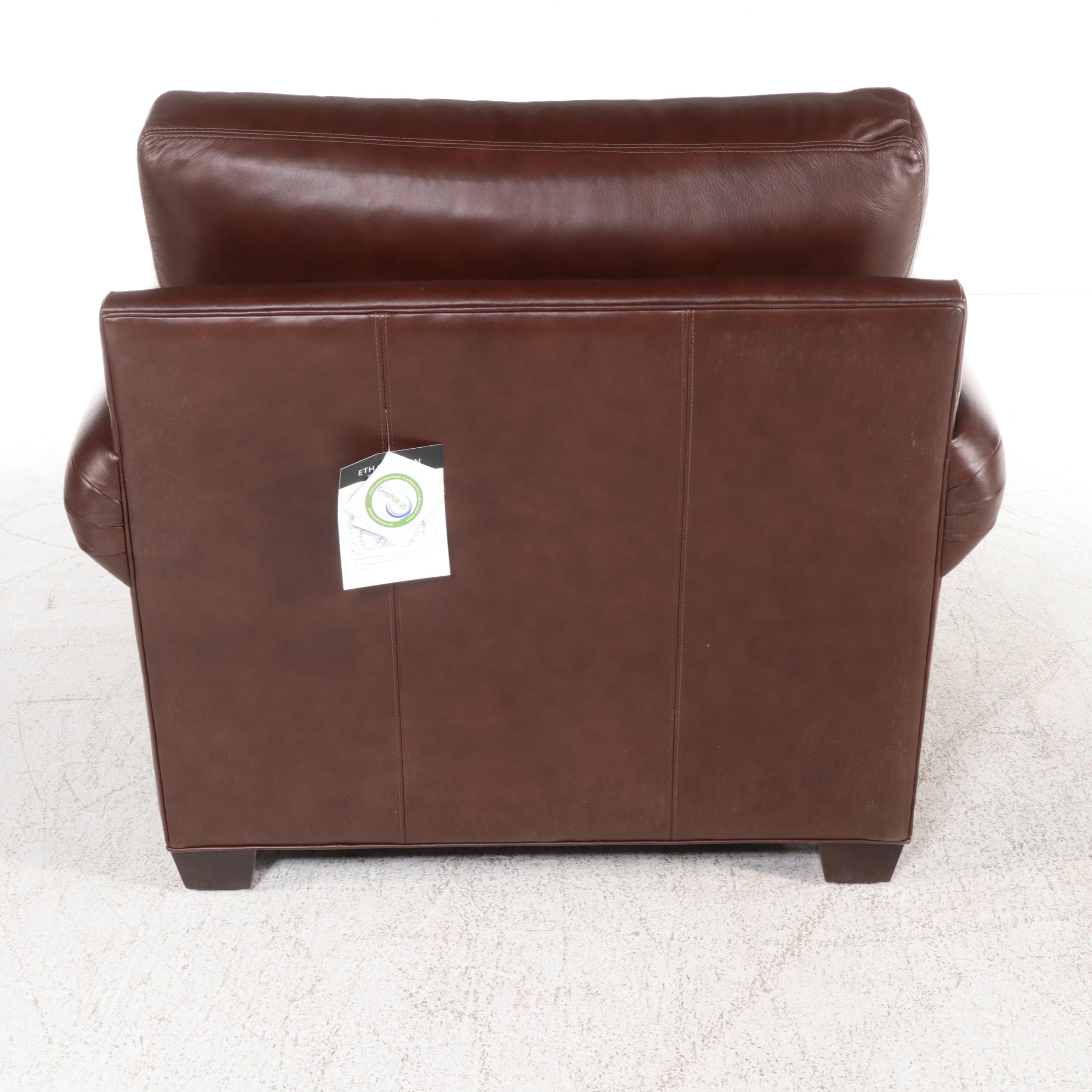 Ethan Allen "Conor" Brown Leather Roll-Arm Easy Chair and Ottoman