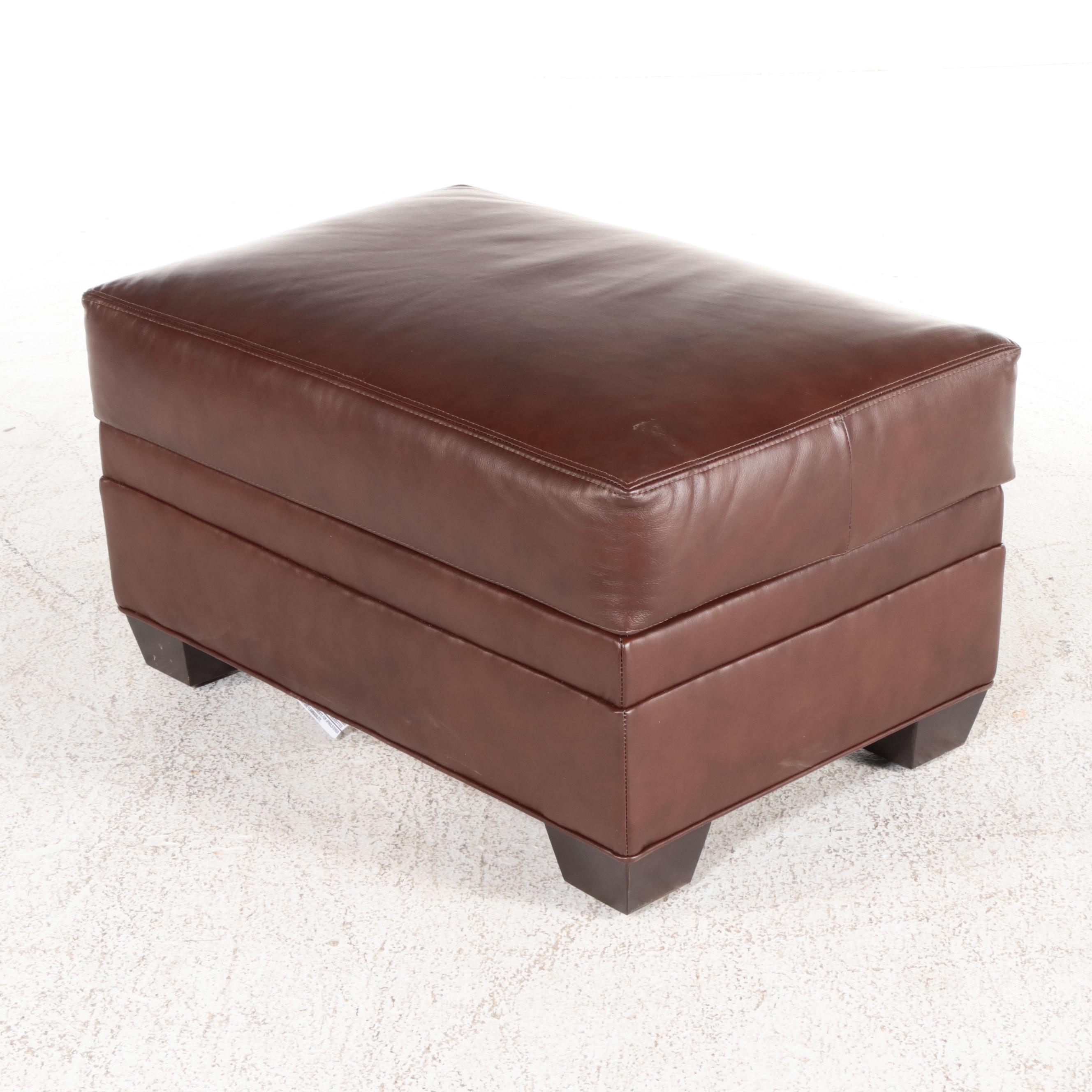 Ethan Allen "Conor" Brown Leather Roll-Arm Easy Chair and Ottoman