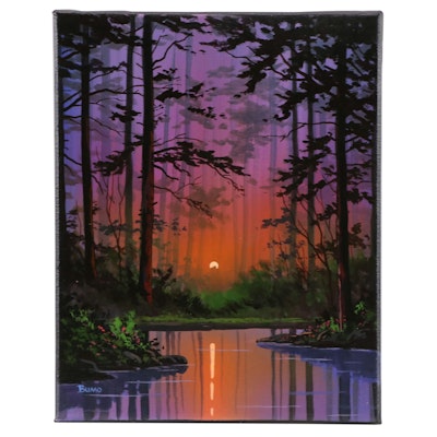 Douglas “Bumo” Johnpeer Sunset Forest Landscape Oil Painting, 2024