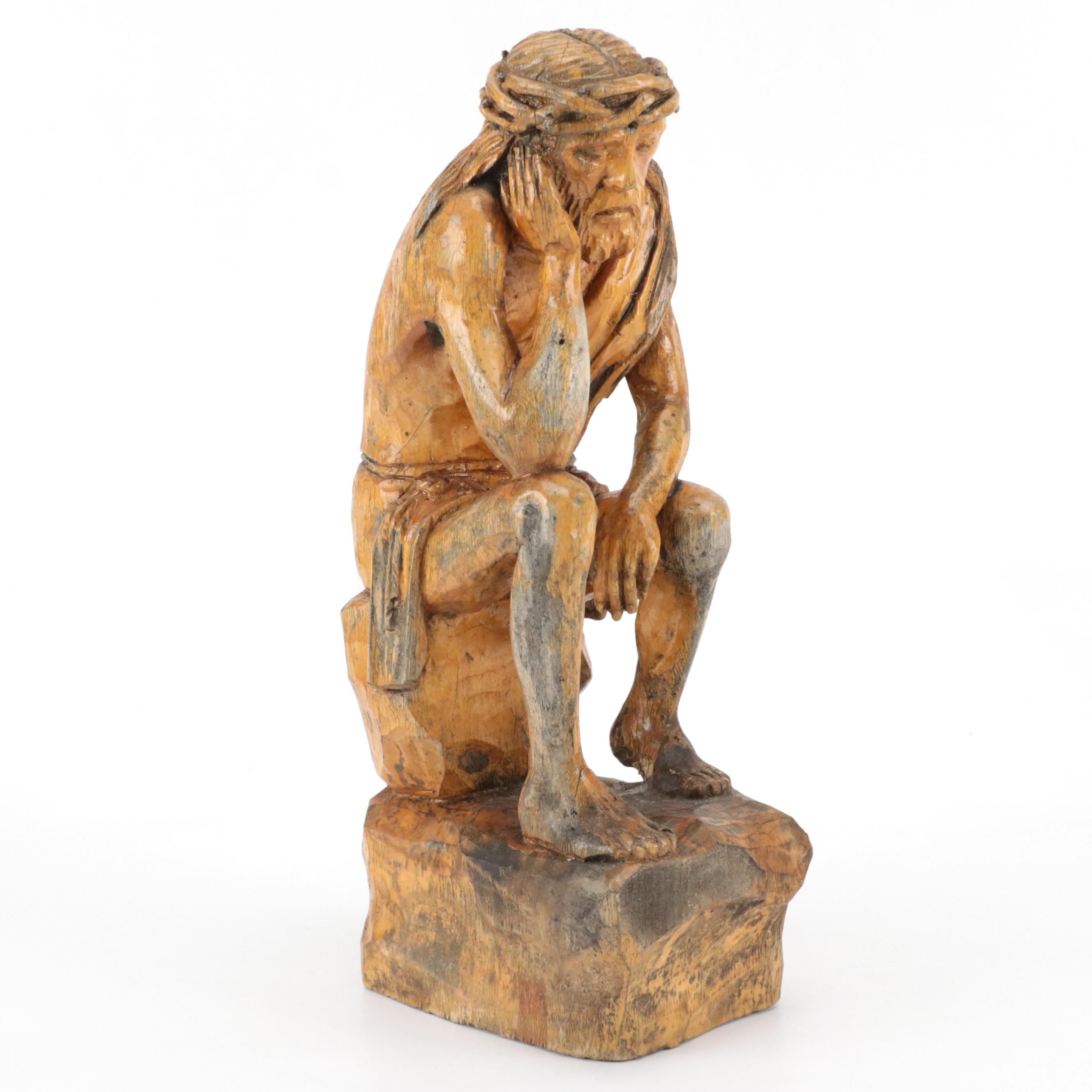 Eastern European Hand-Carved Wooden Pensive Christ Sculpture