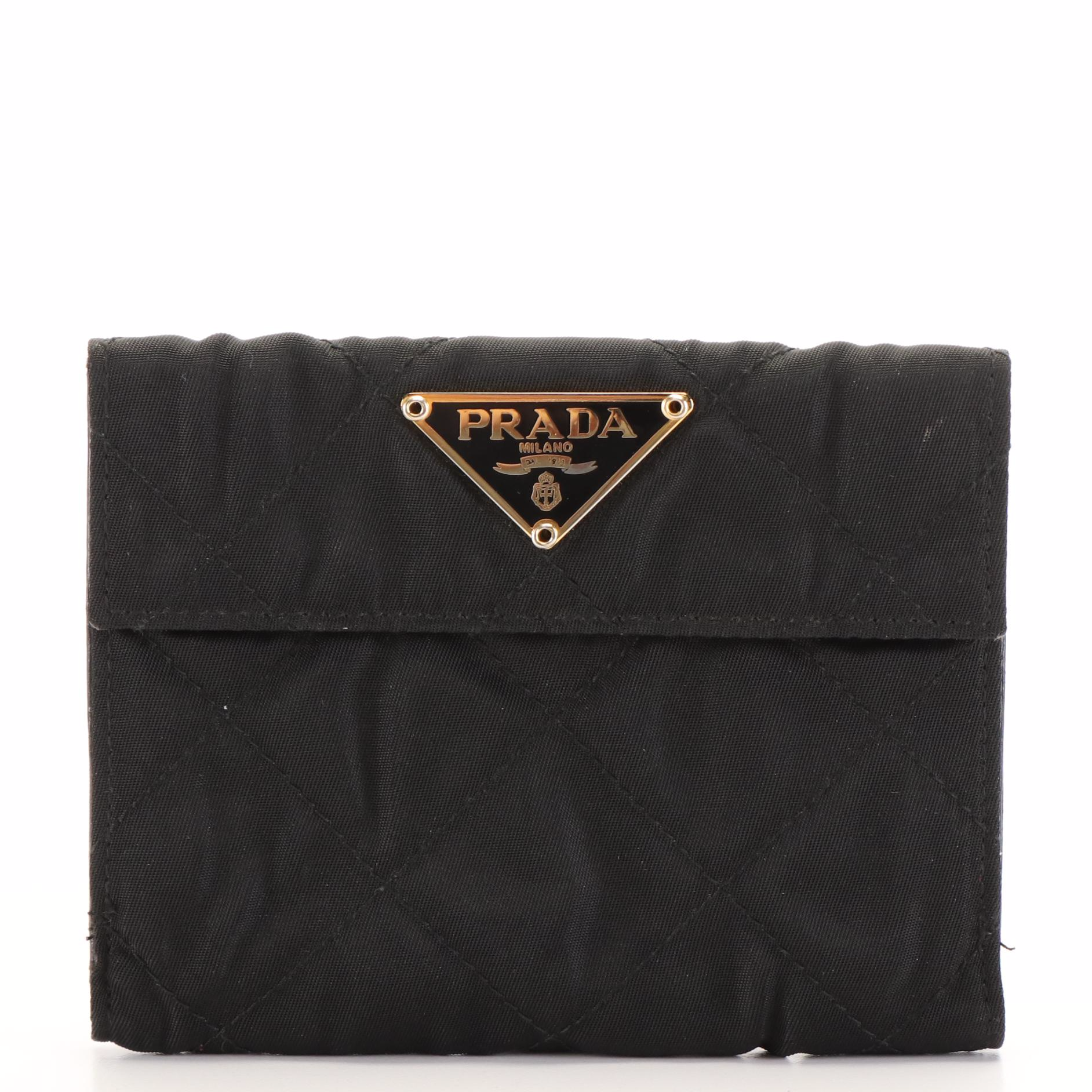 Prada Triangle Logo Tessuto Quilted Black Nylon and Leather Compact Wallet