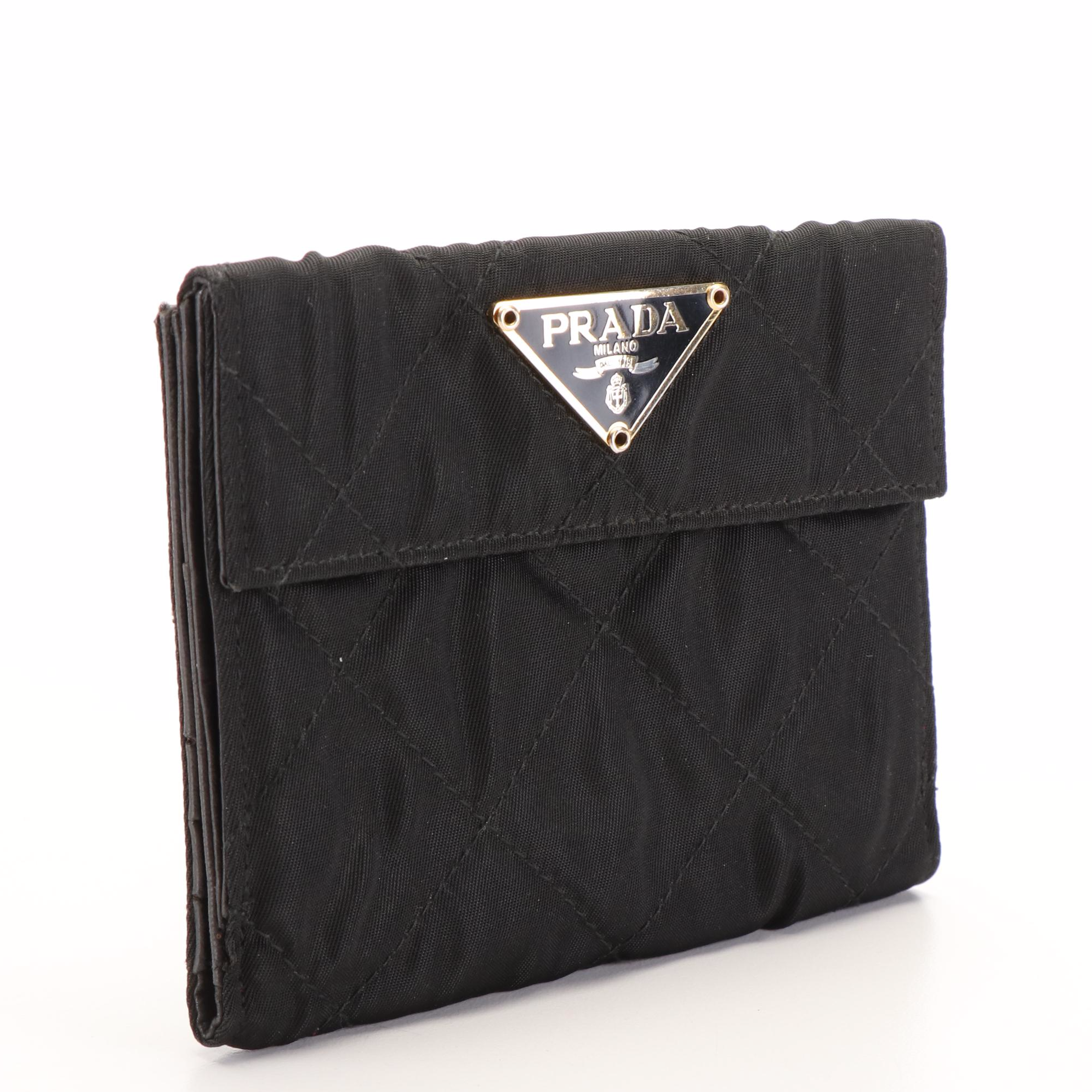 Prada Triangle Logo Tessuto Quilted Black Nylon and Leather Compact Wallet