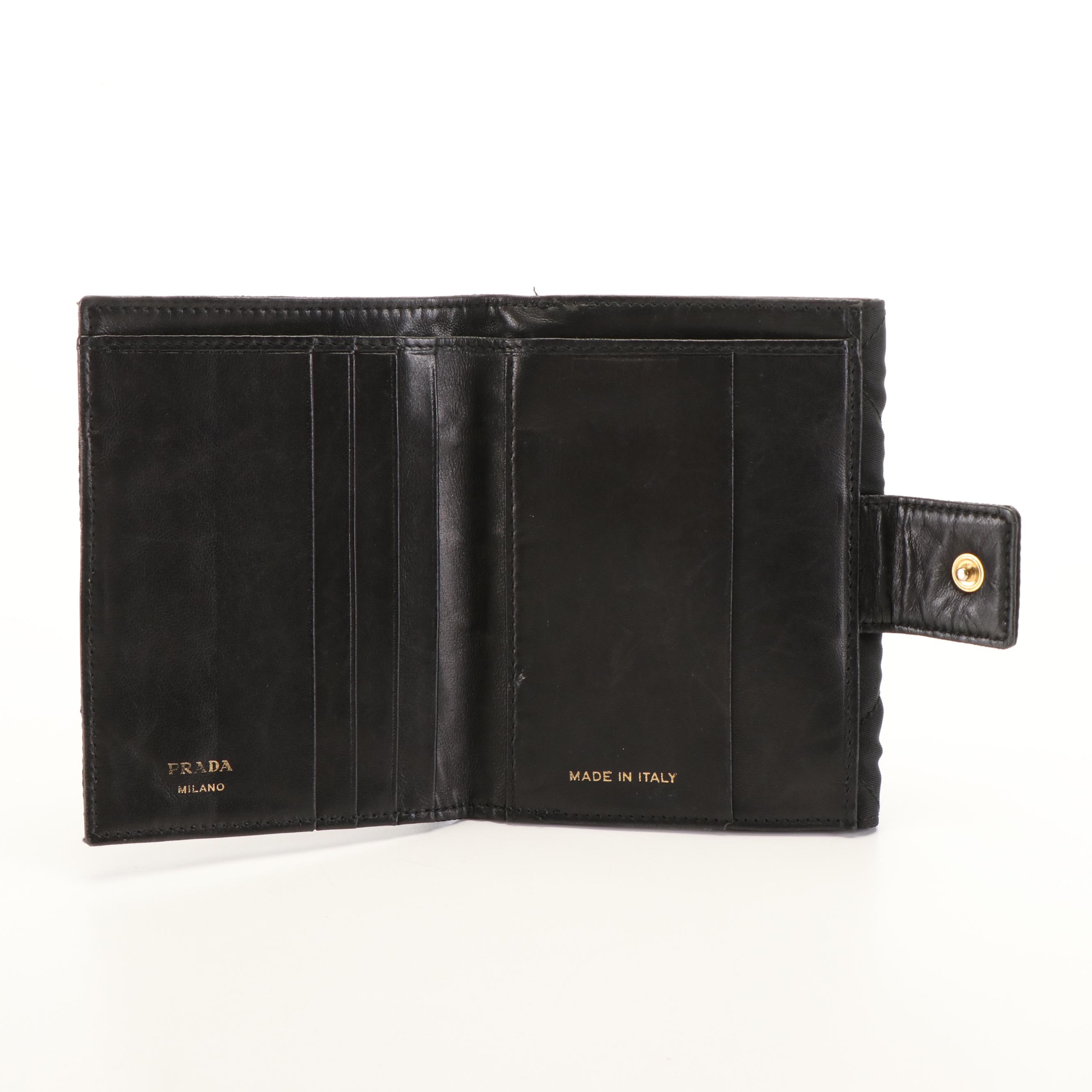 Prada Triangle Logo Tessuto Quilted Black Nylon and Leather Compact Wallet