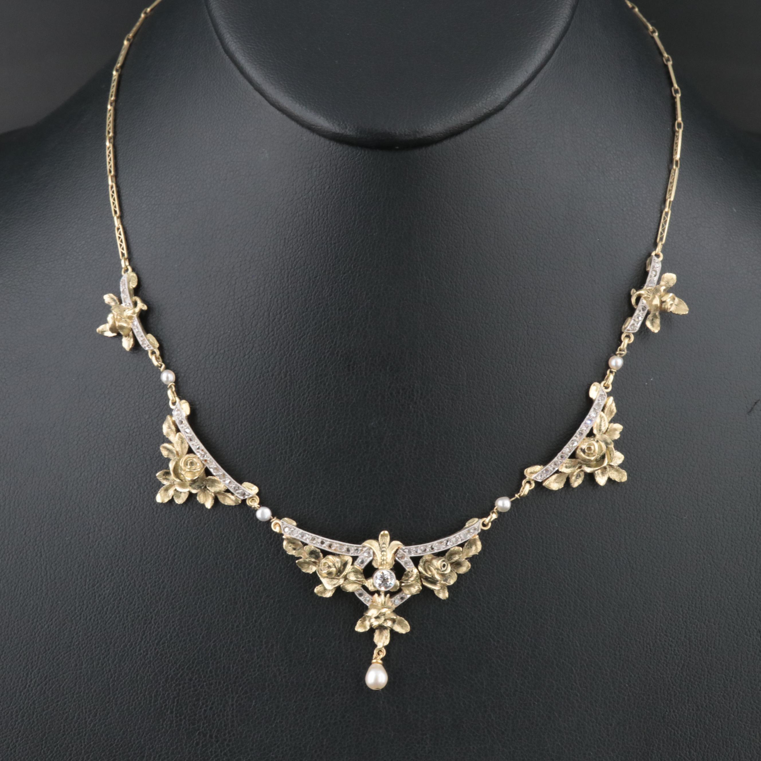 French Belle Époque 18K Diamond and Pearl Garland Necklace, Antique