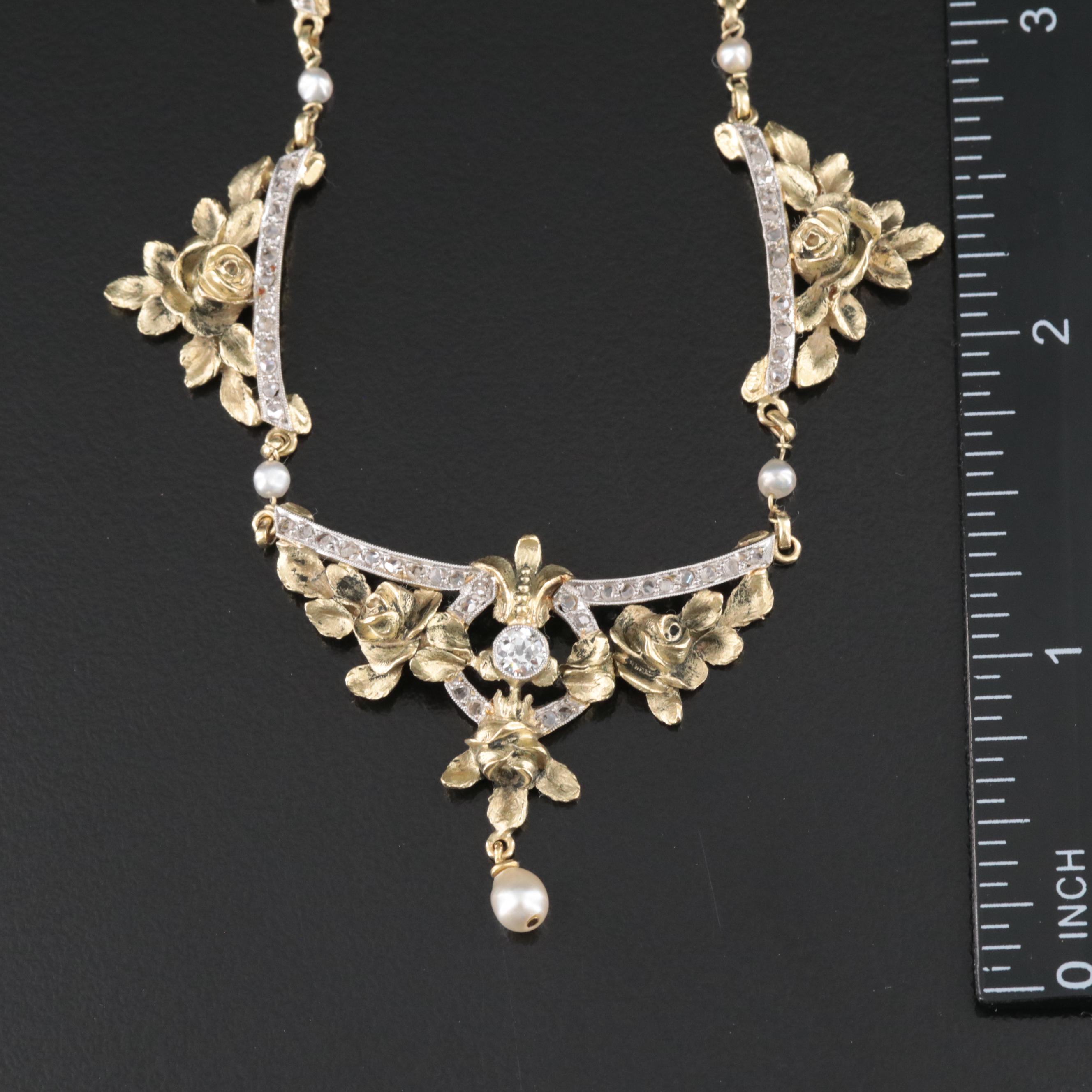 French Belle Époque 18K Diamond and Pearl Garland Necklace, Antique