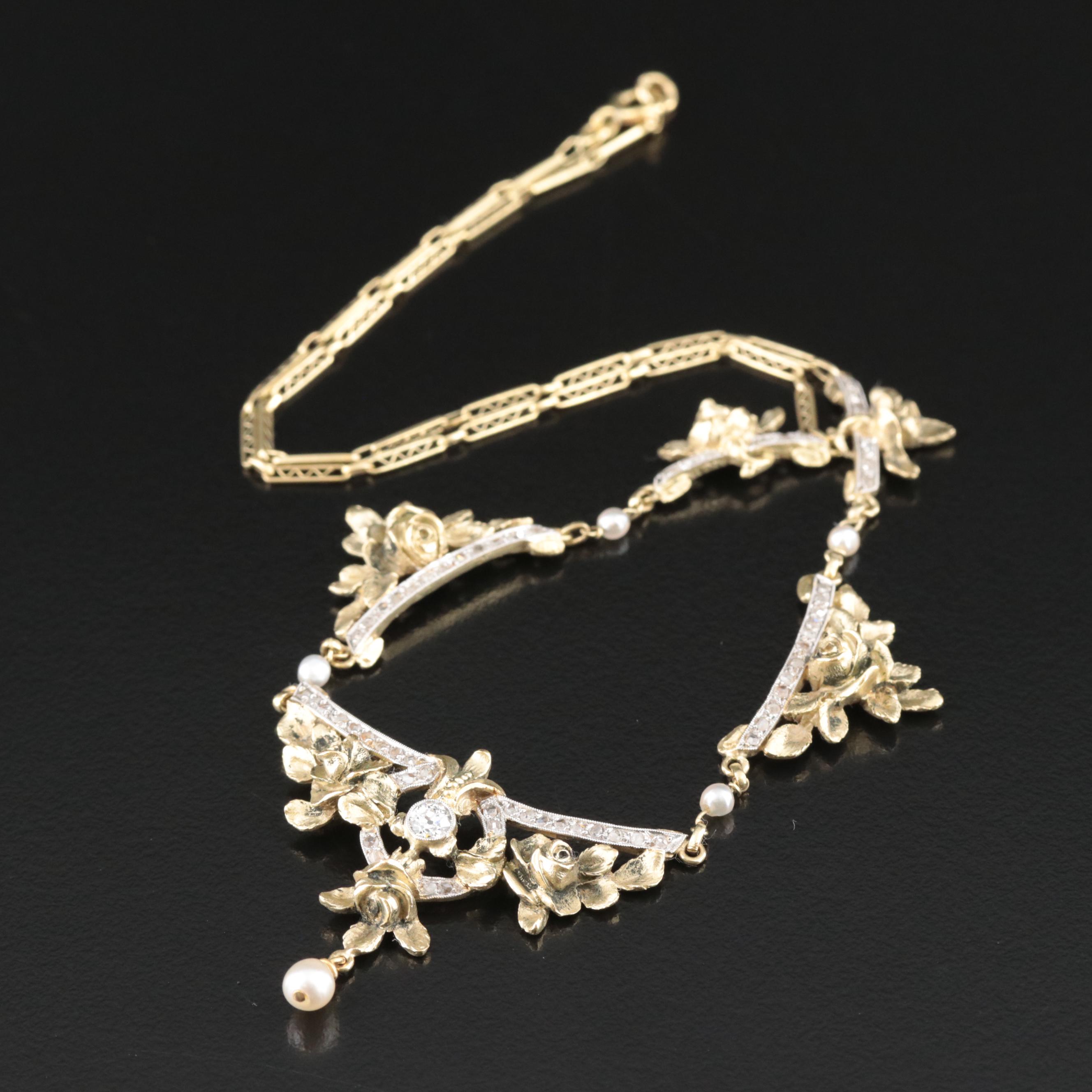 French Belle Époque 18K Diamond and Pearl Garland Necklace, Antique