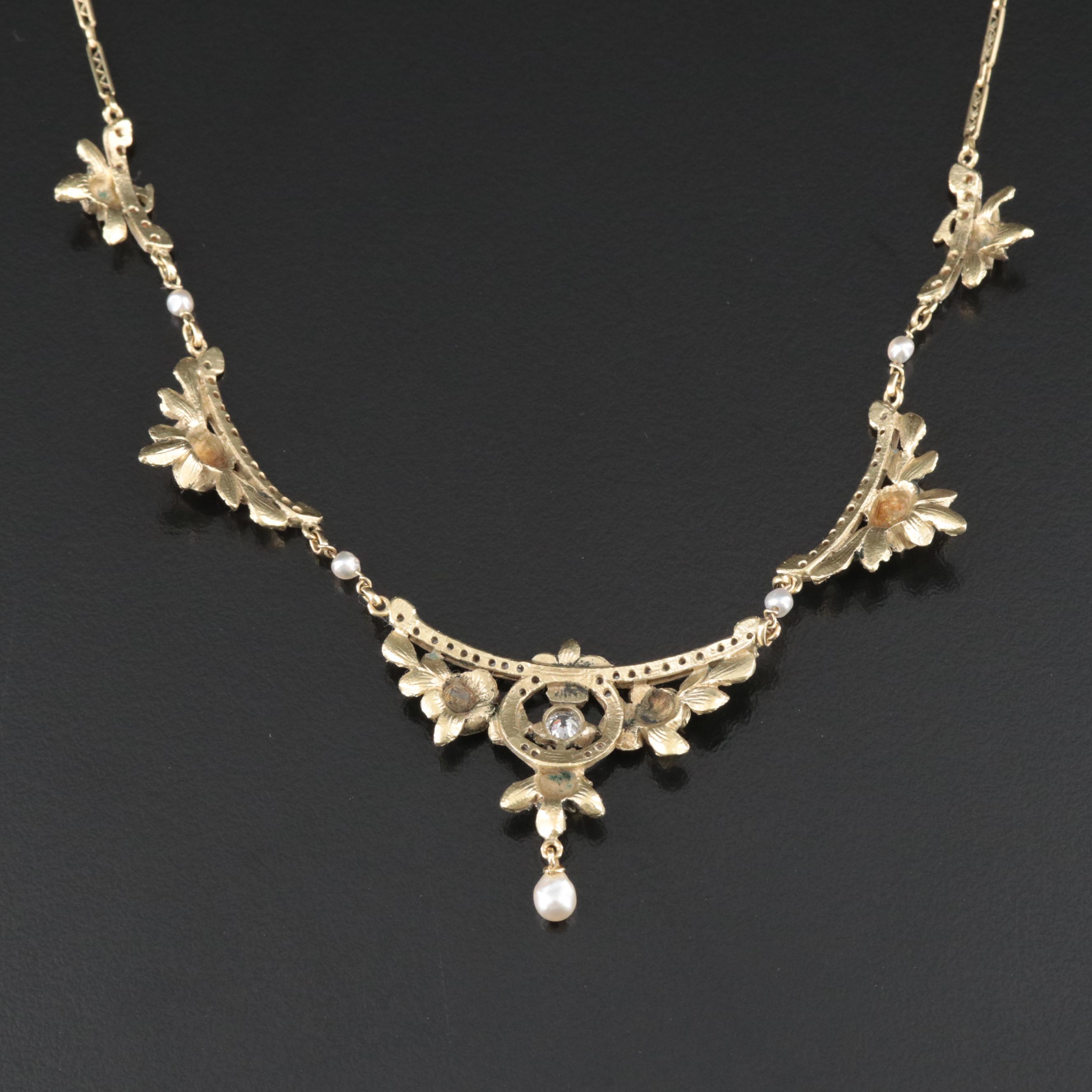 French Belle Époque 18K Diamond and Pearl Garland Necklace, Antique