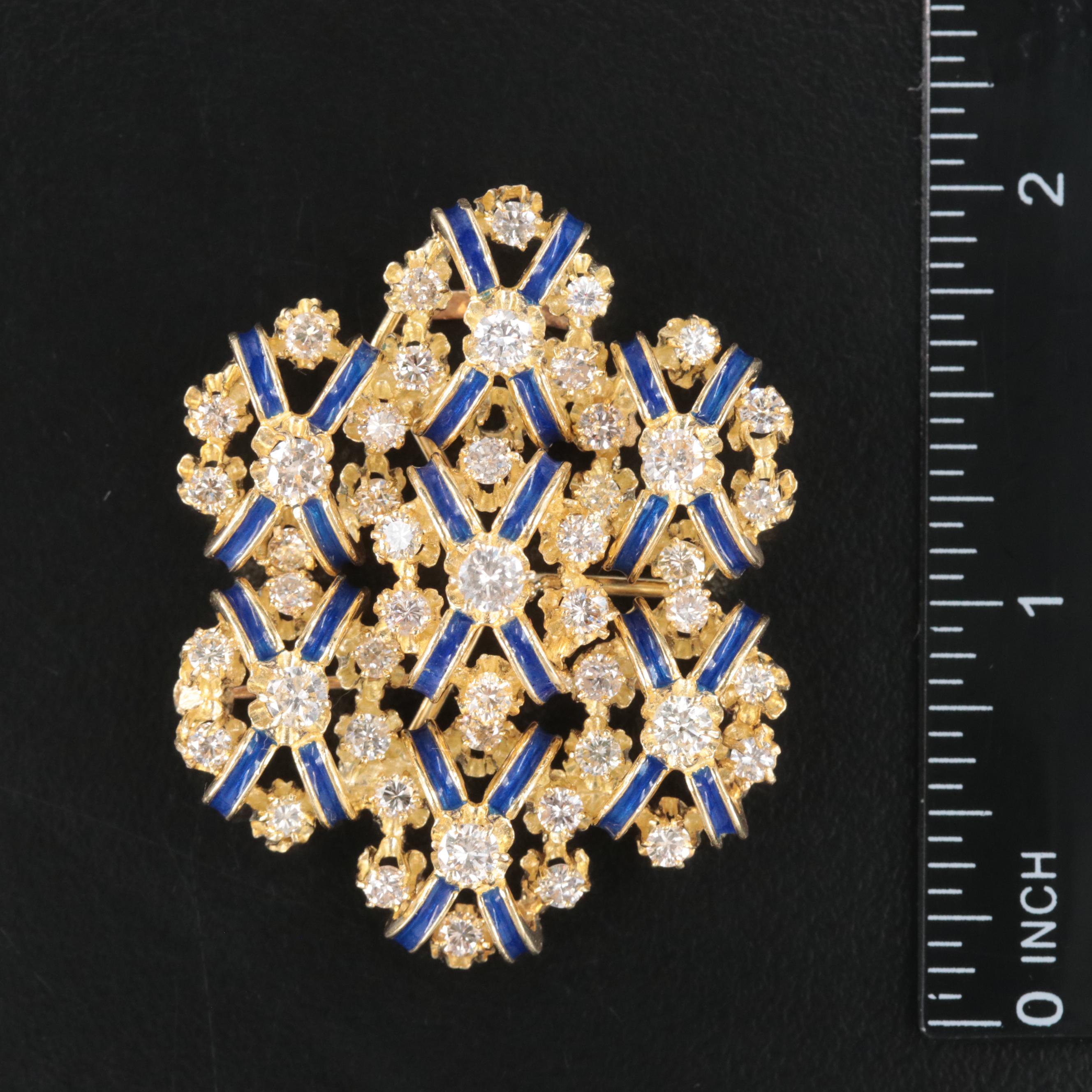 18K 3.78 CTW Diamond and Royal Blue Enamel Pendant-Brooch, Vintage