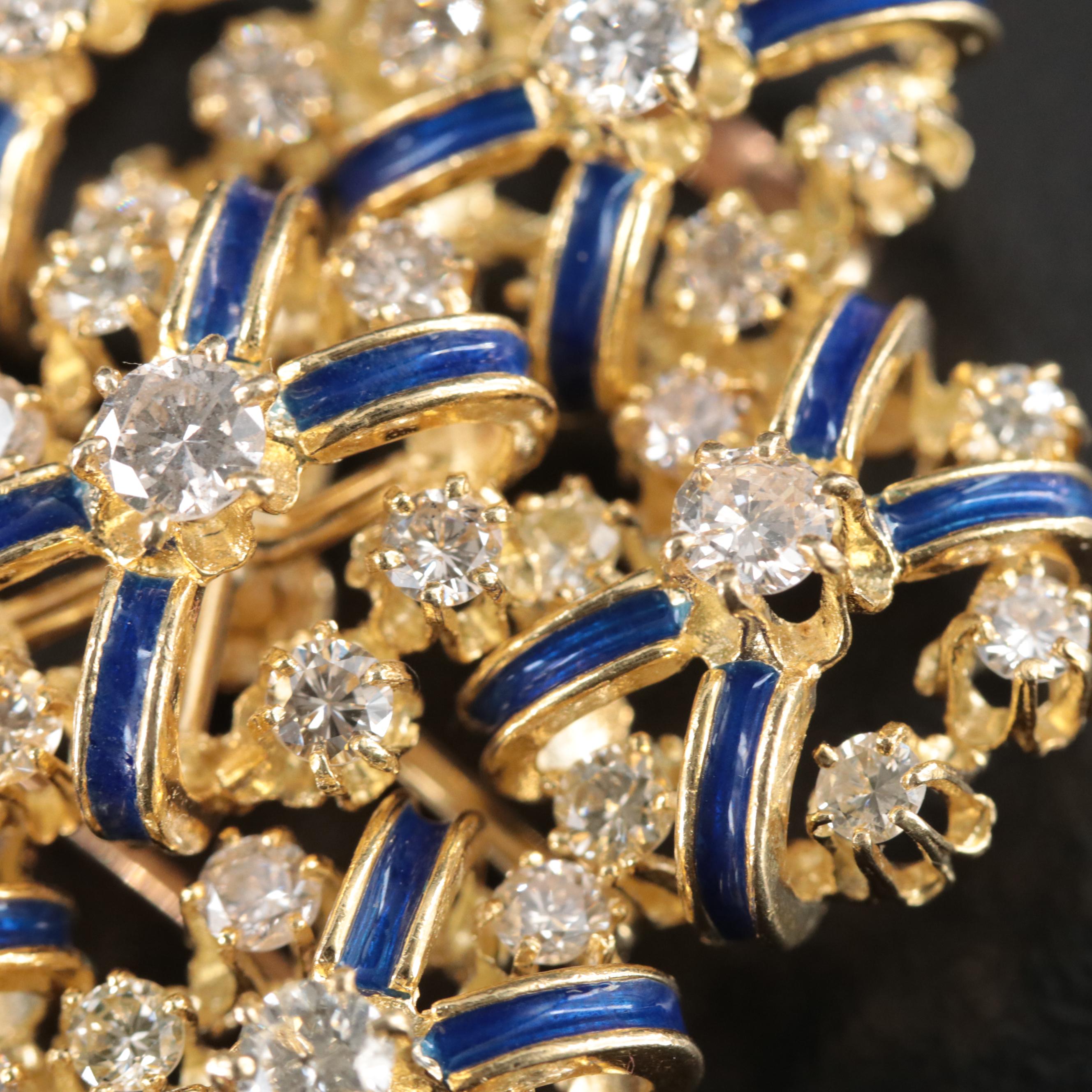 18K 3.78 CTW Diamond and Royal Blue Enamel Pendant-Brooch, Vintage