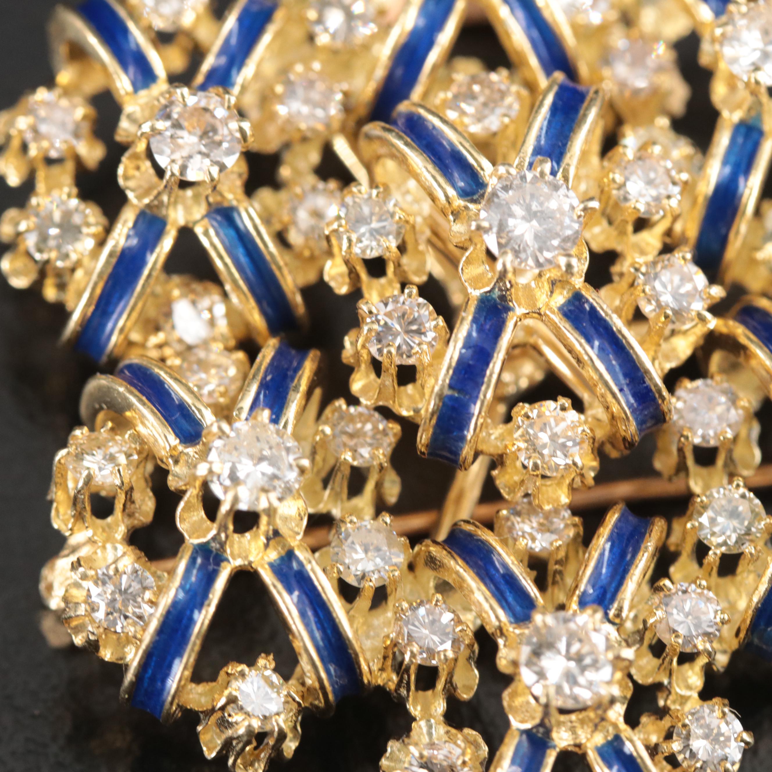 18K 3.78 CTW Diamond and Royal Blue Enamel Pendant-Brooch, Vintage