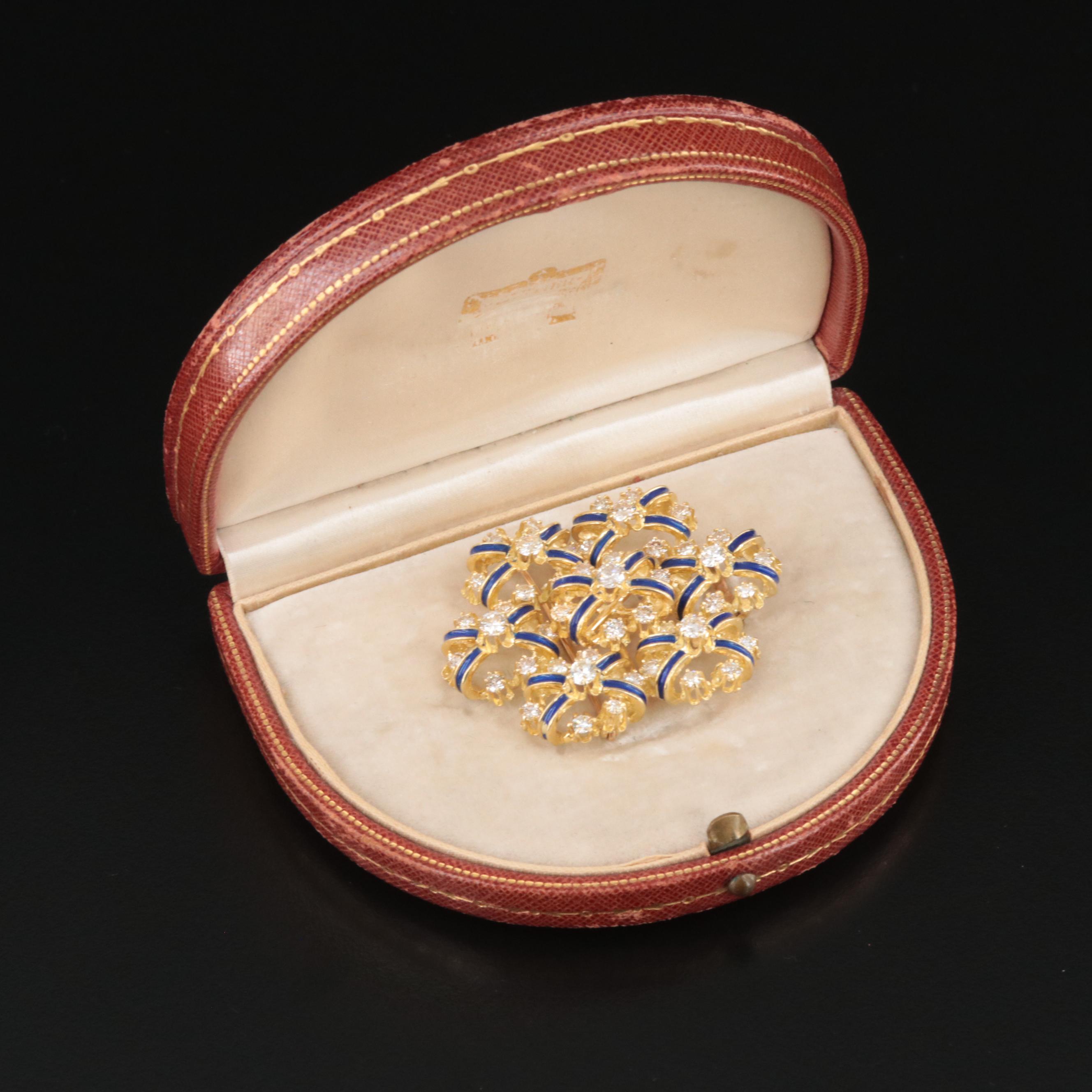 18K 3.78 CTW Diamond and Royal Blue Enamel Pendant-Brooch, Vintage