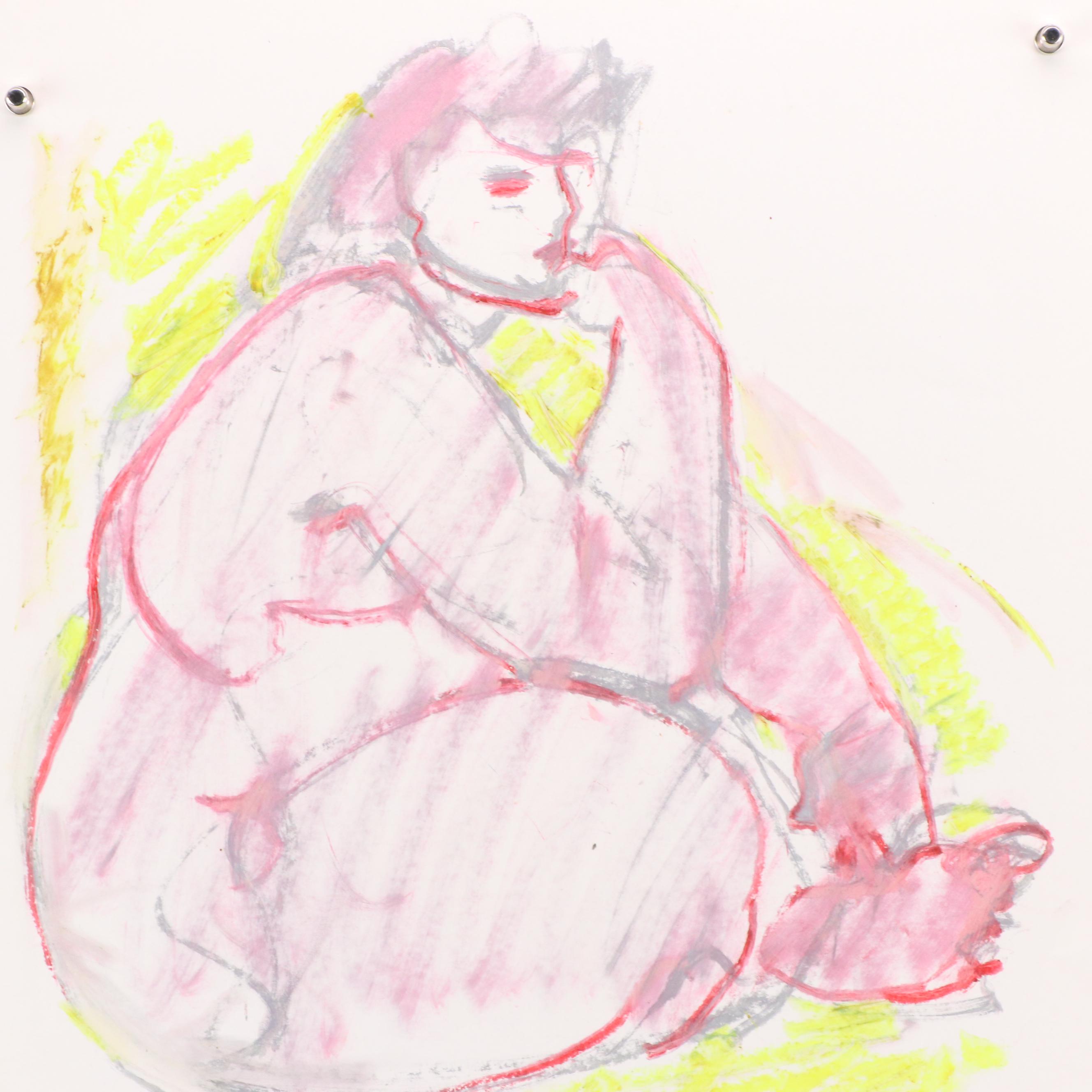 Jack Meanwell Modern Nude Figural Oil Pastel Drawing, Late 20th Century