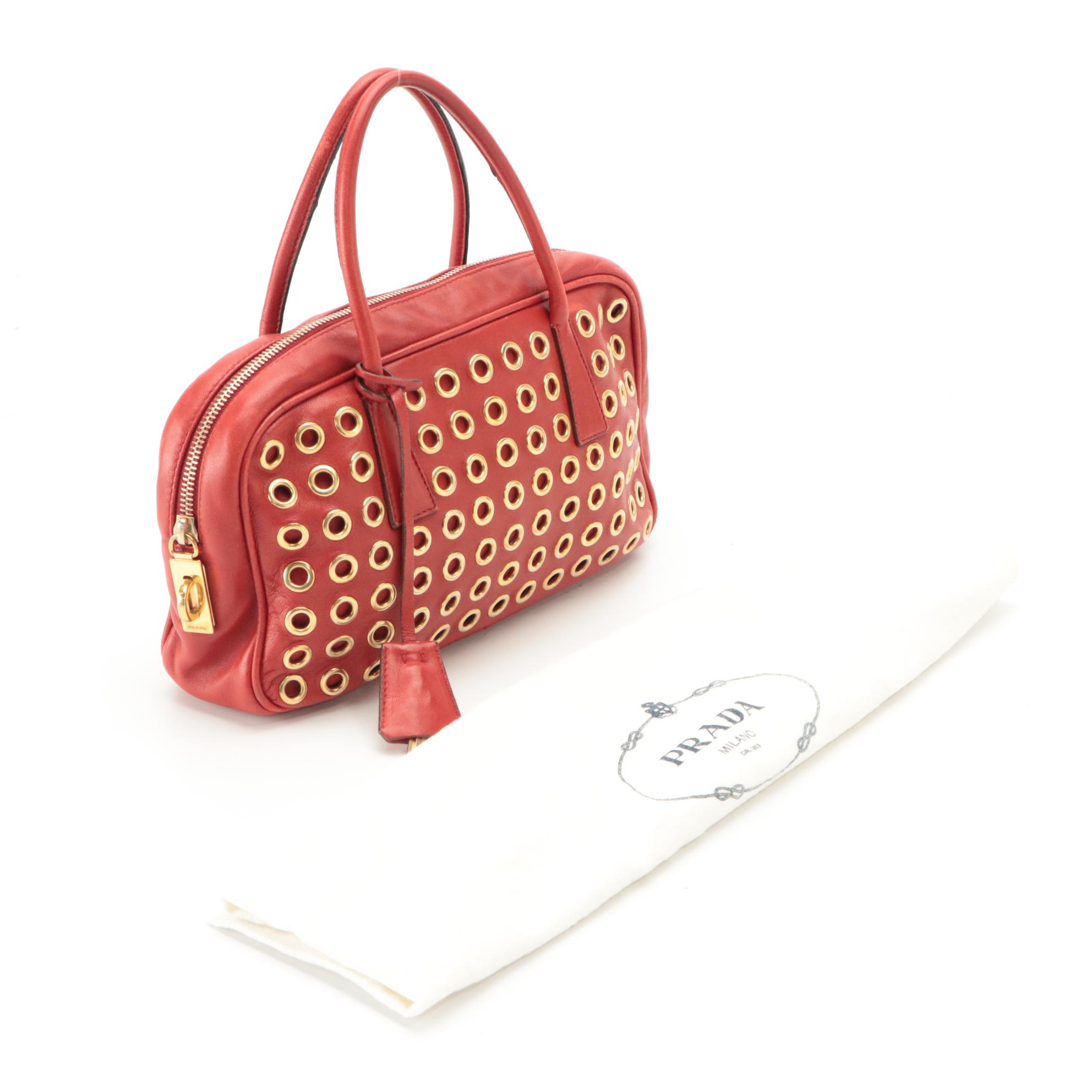 Prada Top Handle Grommet Bag in Red Leather