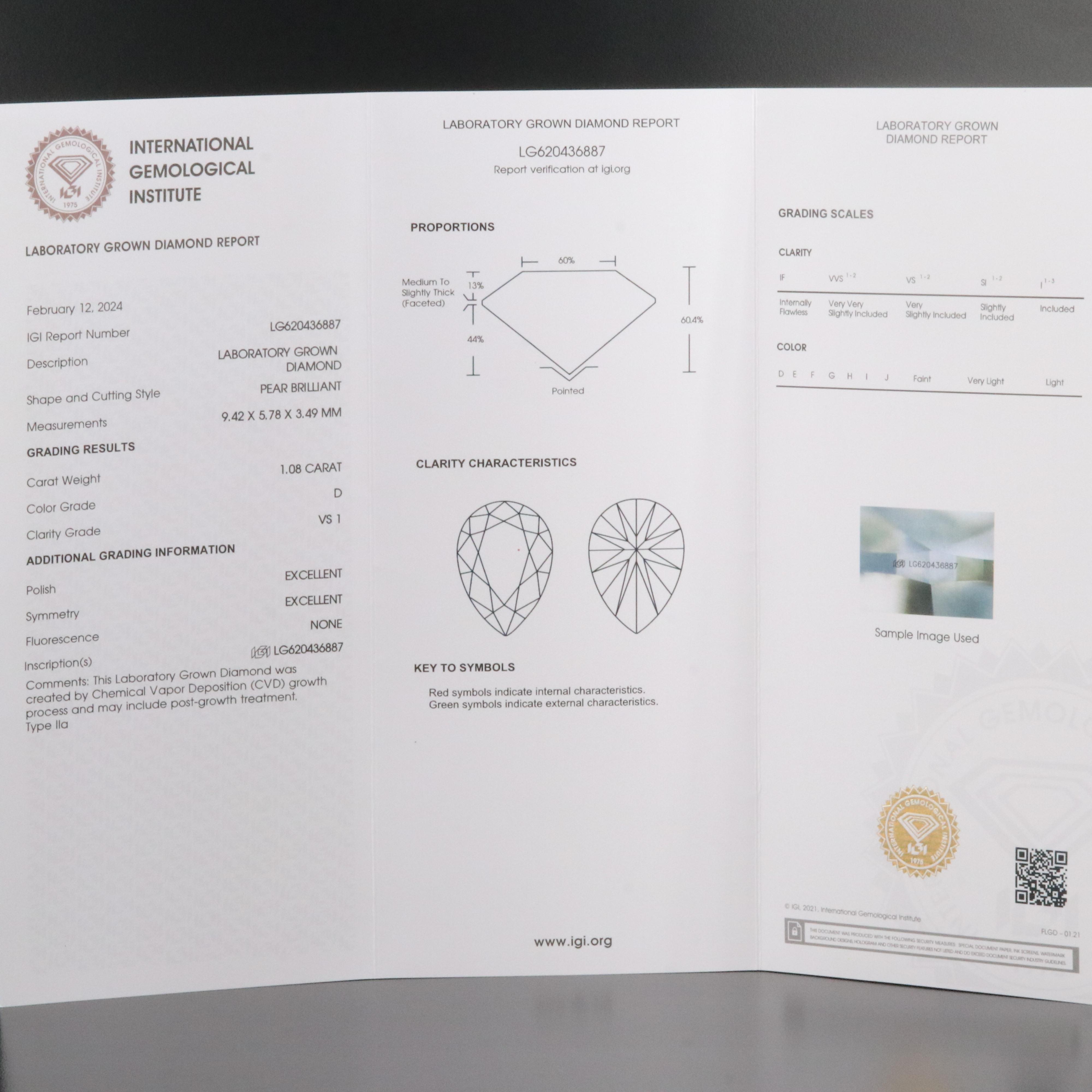 Loose 1.08 CT Lab Grown Diamond with IGI Report