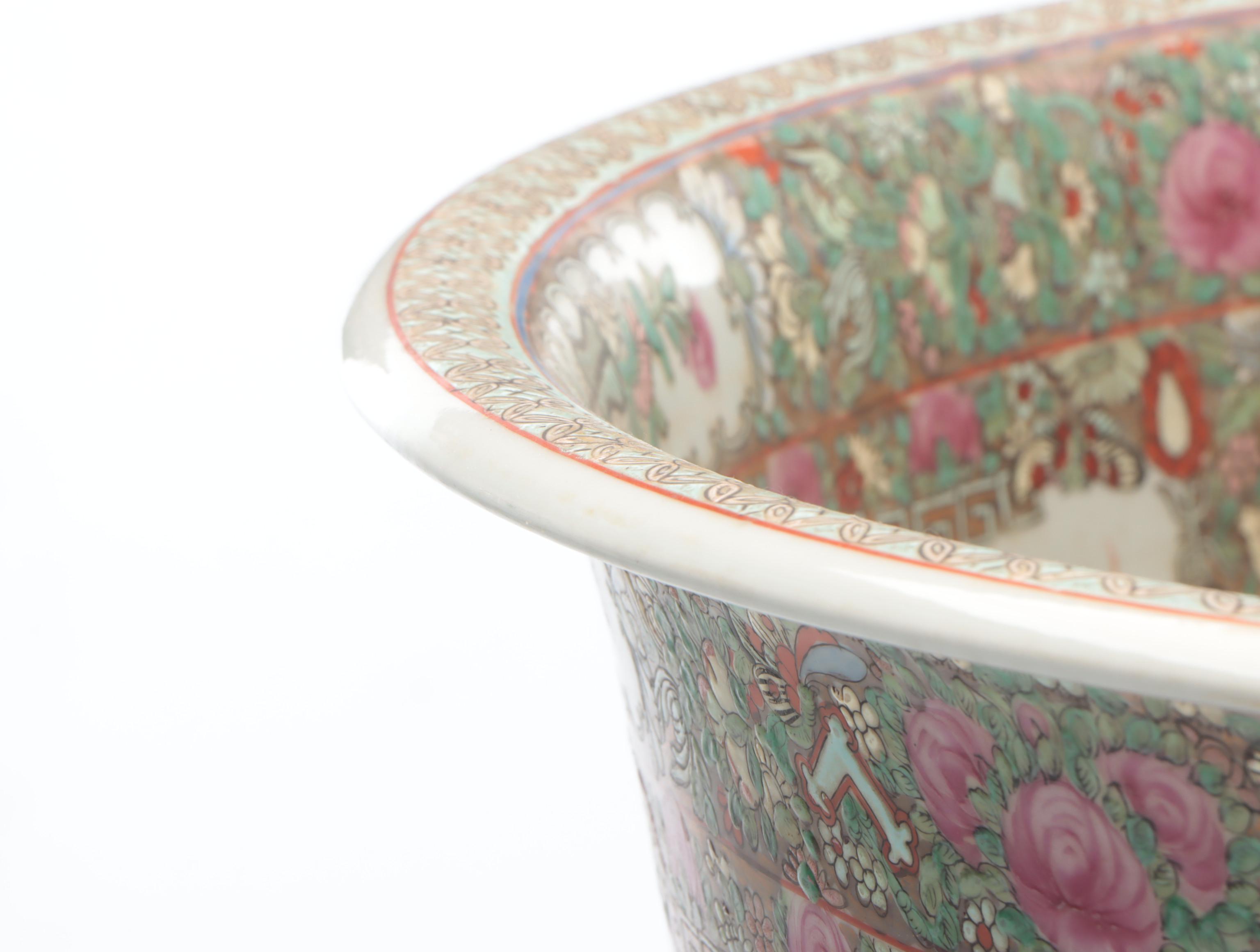 Chinese Famille Rose Planter with Carved Stand