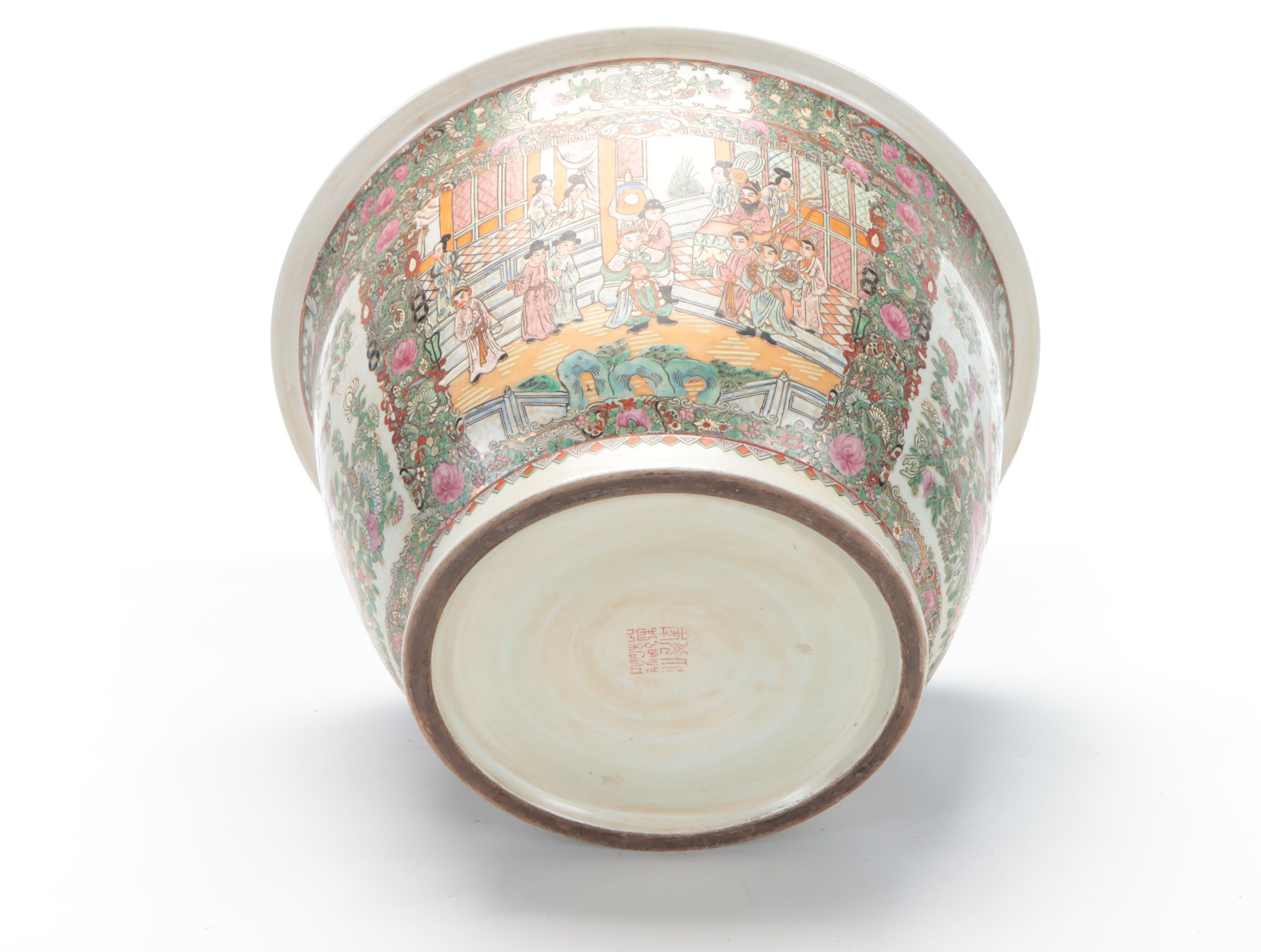 Chinese Famille Rose Planter with Carved Stand