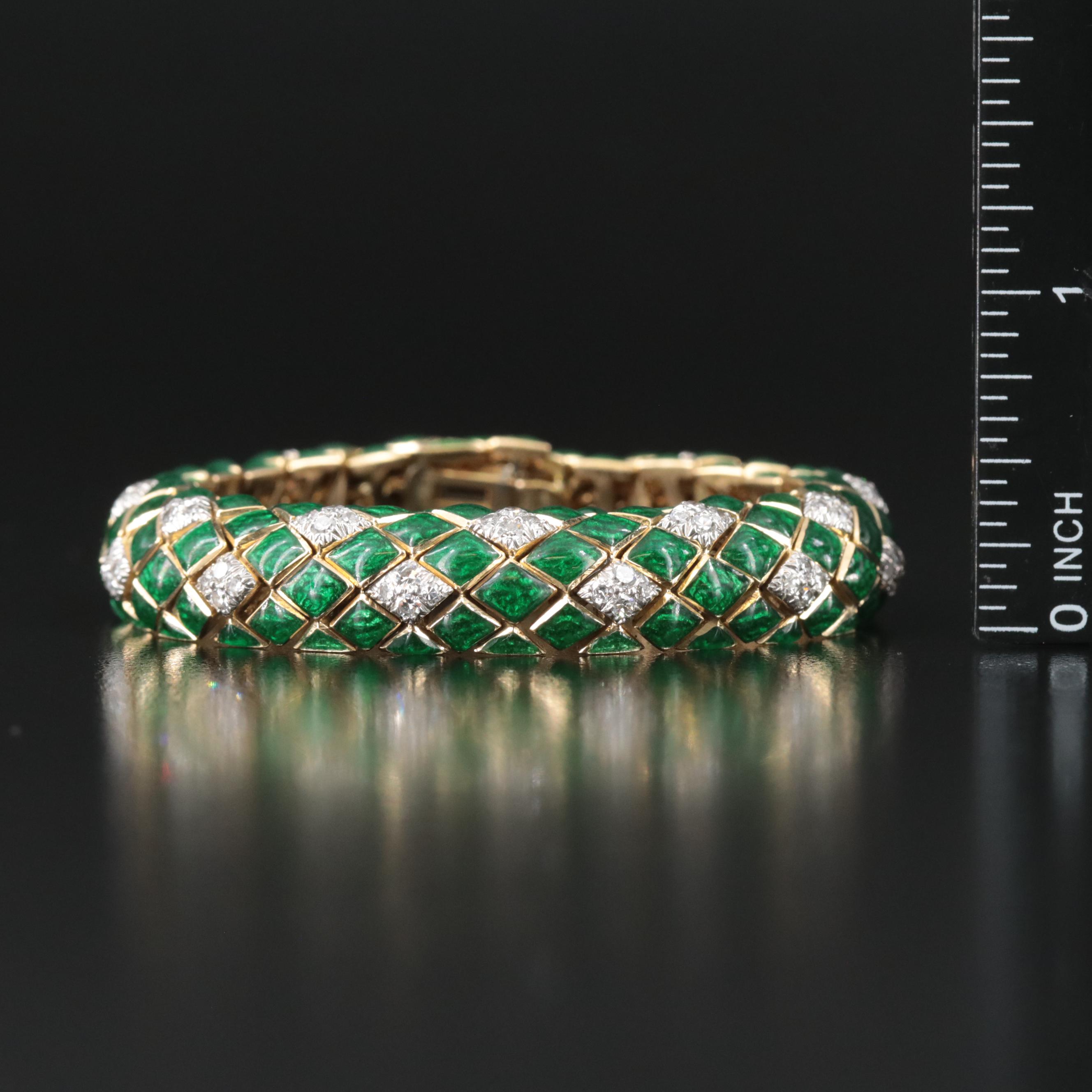David Webb 18K 2.52 CTW Diamond and Green Enamel Snake Scale Bracelet