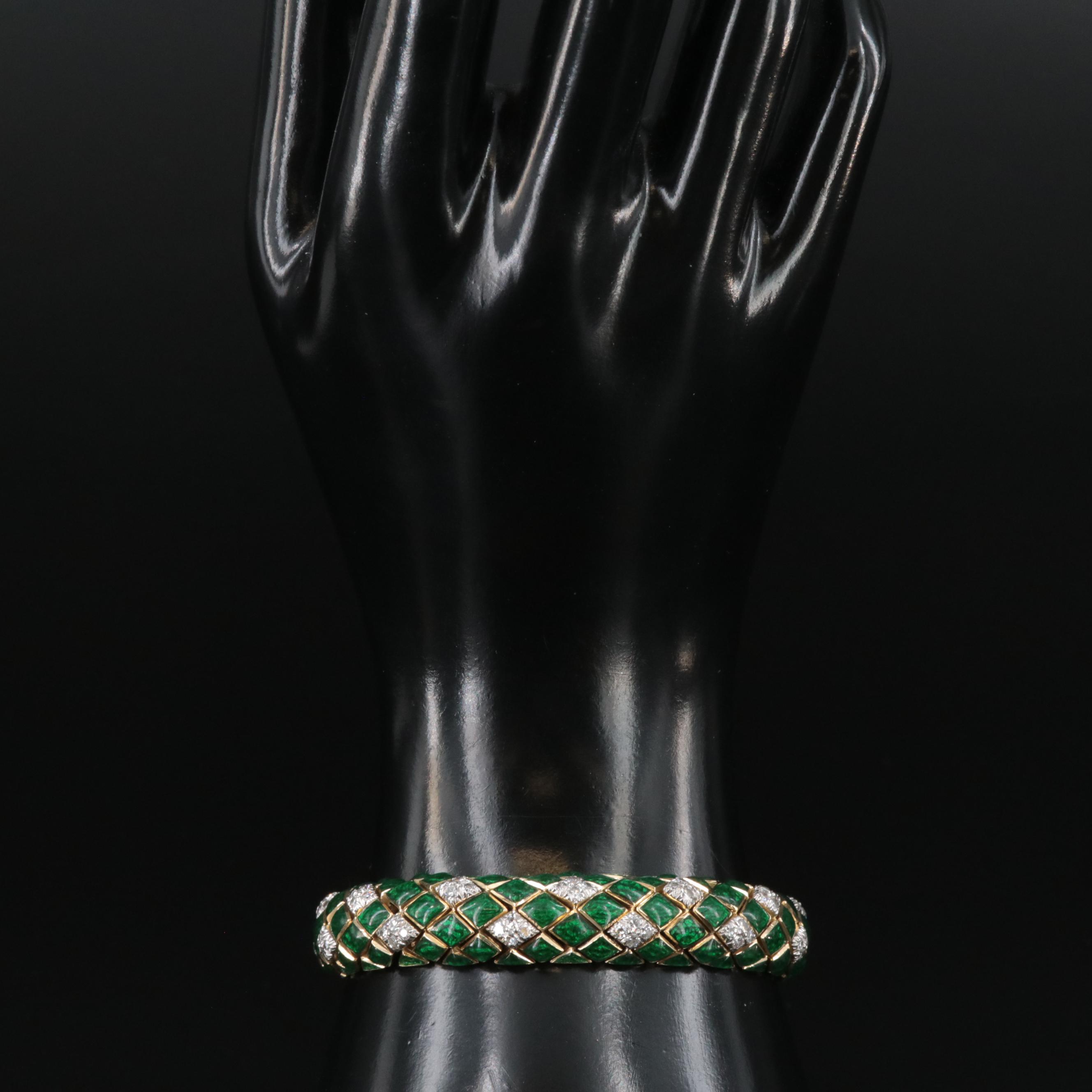 David Webb 18K 2.52 CTW Diamond and Green Enamel Snake Scale Bracelet