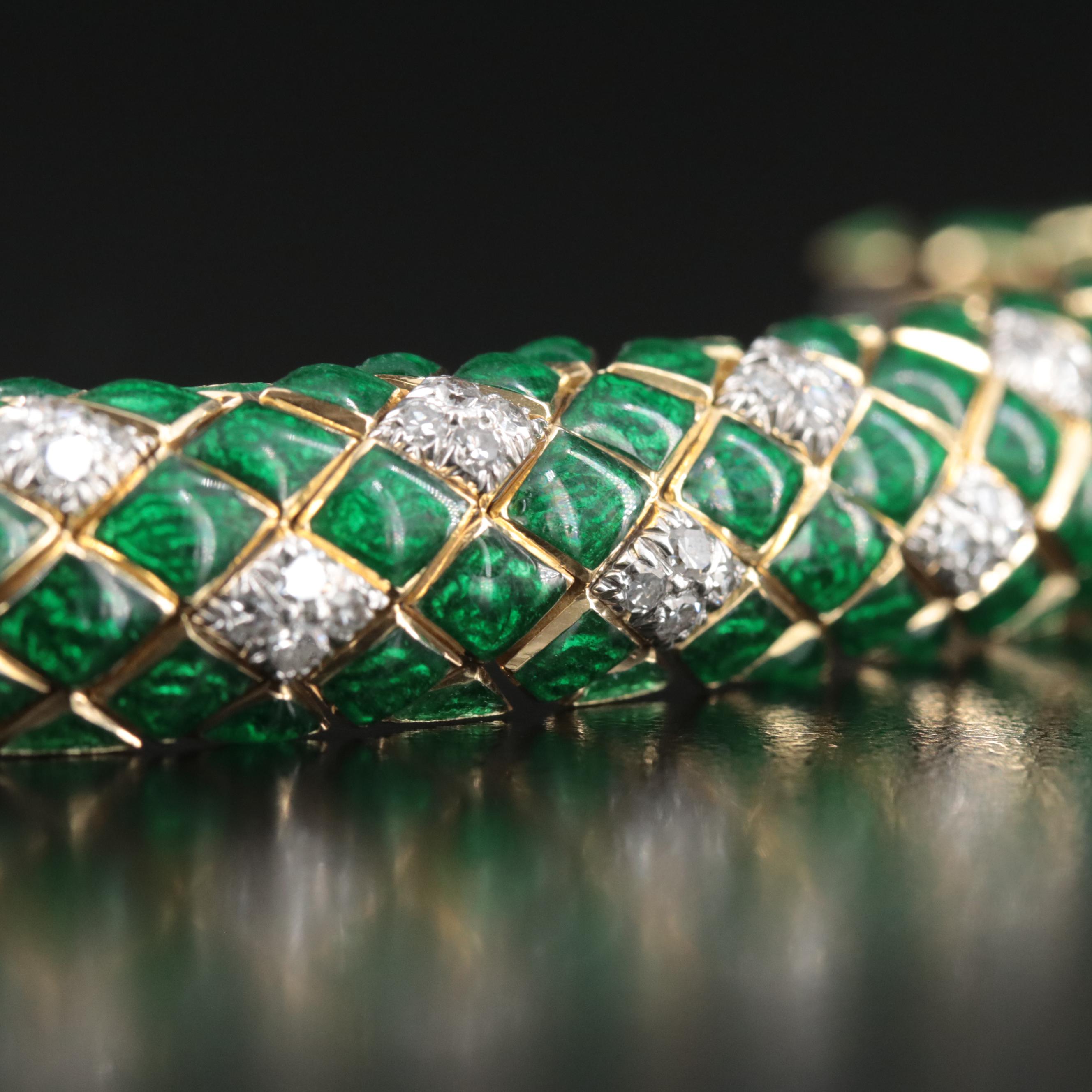David Webb 18K 2.52 CTW Diamond and Green Enamel Snake Scale Bracelet